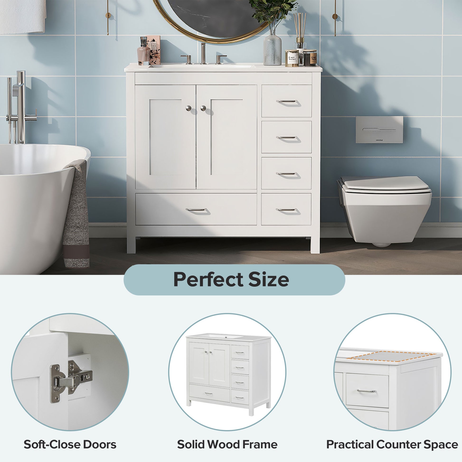 36" White Bathroom Vanity With Ceramic Sink Combo, Abundant Storage Cabinet 2 Soft Close Doors And 5 Drawers White Bathroom Solid Wood Mdf