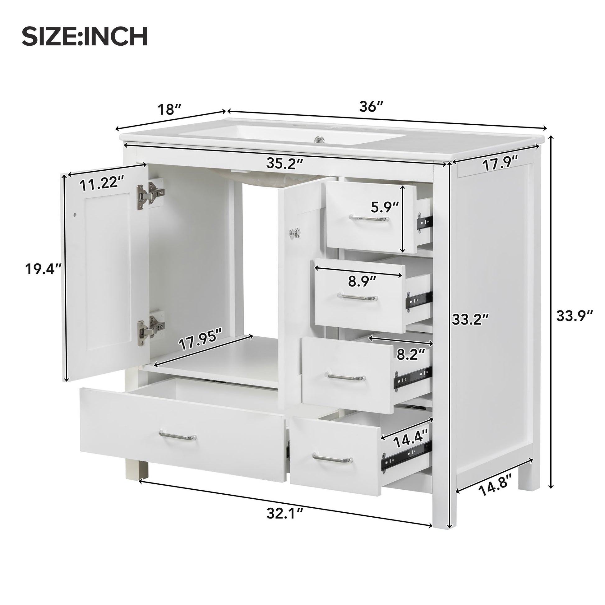 36" White Bathroom Vanity With Ceramic Sink Combo, Abundant Storage Cabinet 2 Soft Close Doors And 5 Drawers White Bathroom Solid Wood Mdf
