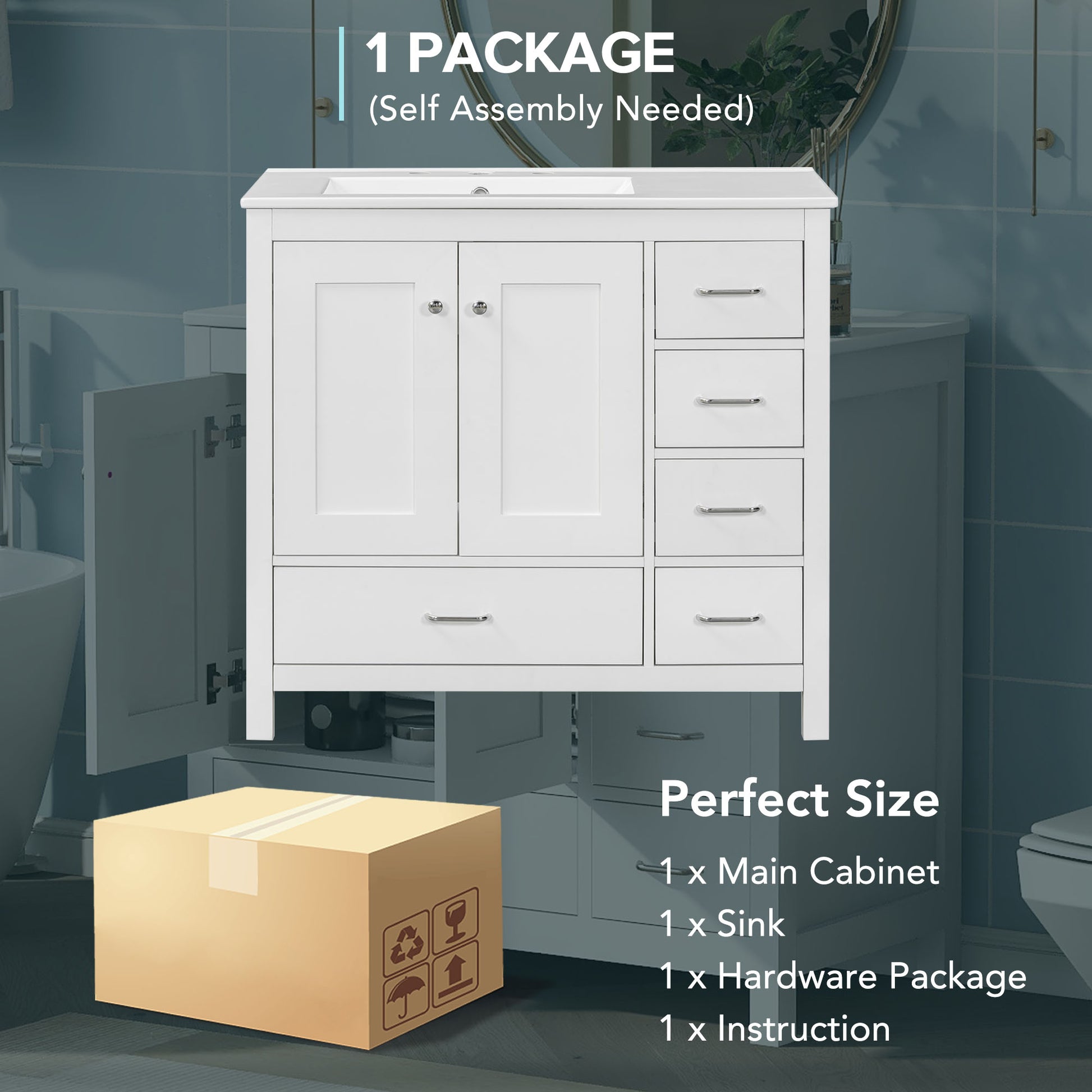 36" White Bathroom Vanity With Ceramic Sink Combo, Abundant Storage Cabinet 2 Soft Close Doors And 5 Drawers White Bathroom Solid Wood Mdf