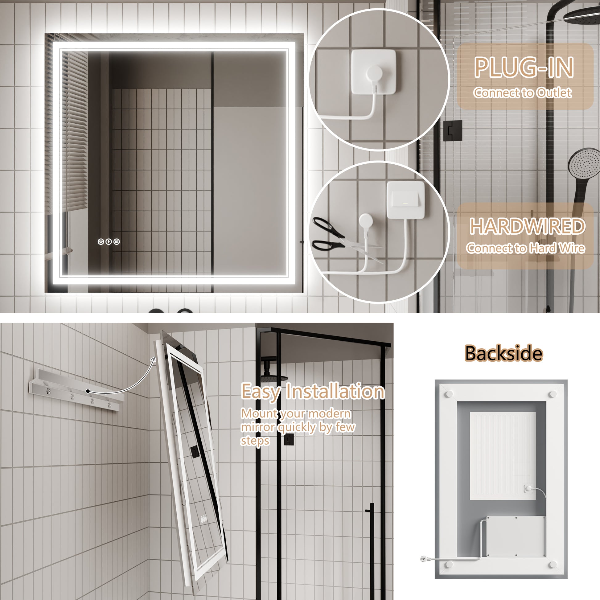 Led Bathroom Mirror, 36X36 Inch Bathroom Vanity Mirrors With Lights, Mirrors For Wall With Smart Touch Button, Anti Fog, Memory Function, Stepless Dimmable Makeup Mirror Horizontal Vertical White Aluminium