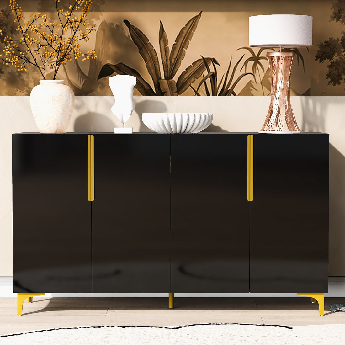 Glossy Finish Light Luxury Storage Cabinet, Adjustable, Suitable For Living Room, Study, Hallway. Black Mdf