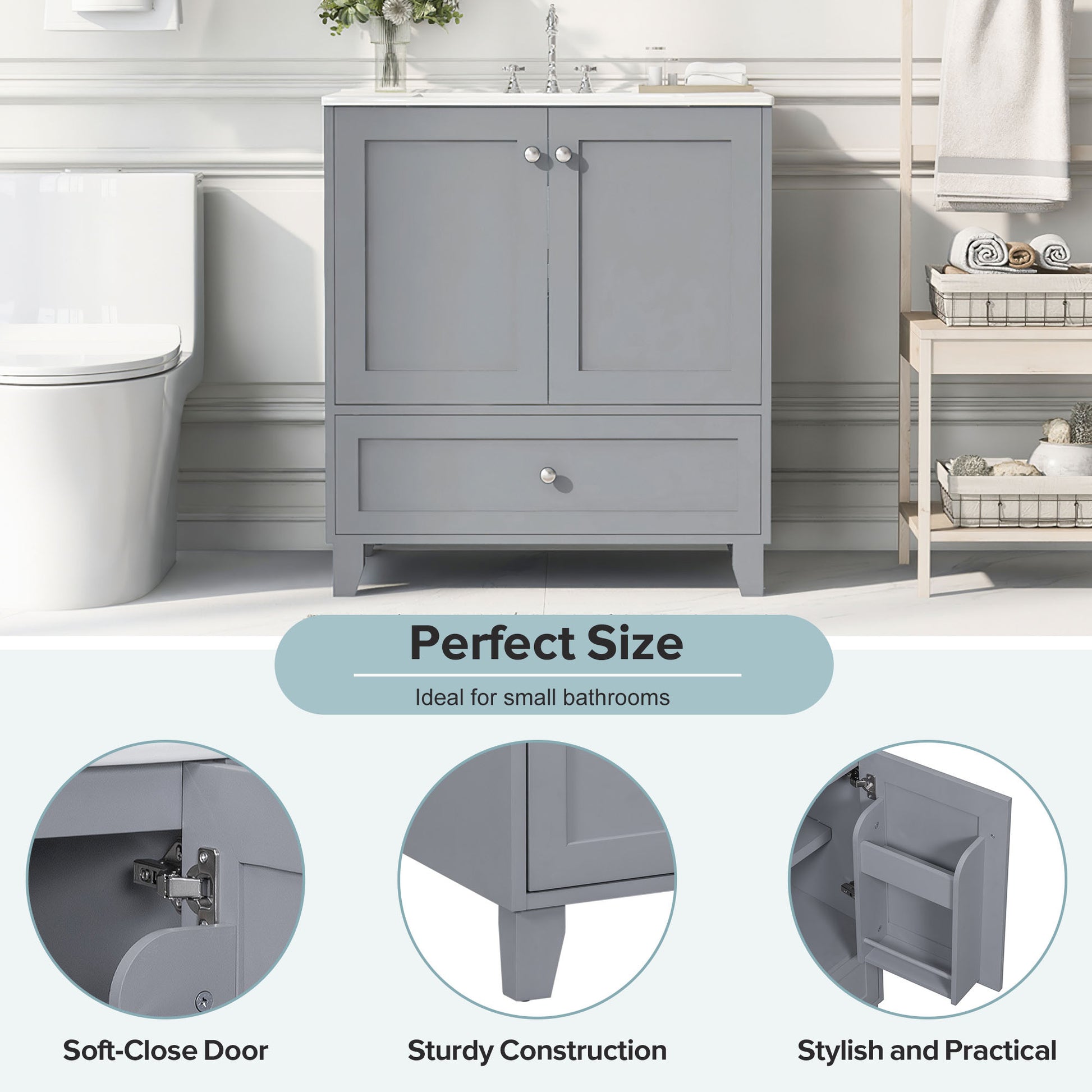 30" Premium Bathroom Vanity Set With Ceramic Sink And Large Storage Space Ideal For Small Bathrooms Blue Gray Bathroom Solid Wood Mdf