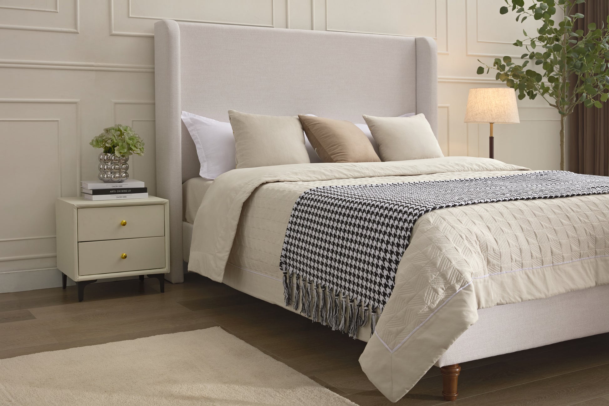 Harper Tall Headboard Upholstered Bed 54" High Headboard Elegant Simplicity No Box Spring Needed Easy Assembly Queen Textured Ivory Canvas Box Spring Not Required Queen Ivory Metal Brown Bedroom Contemporary Oak Bed Frame Foam Chenille Fabric Metal