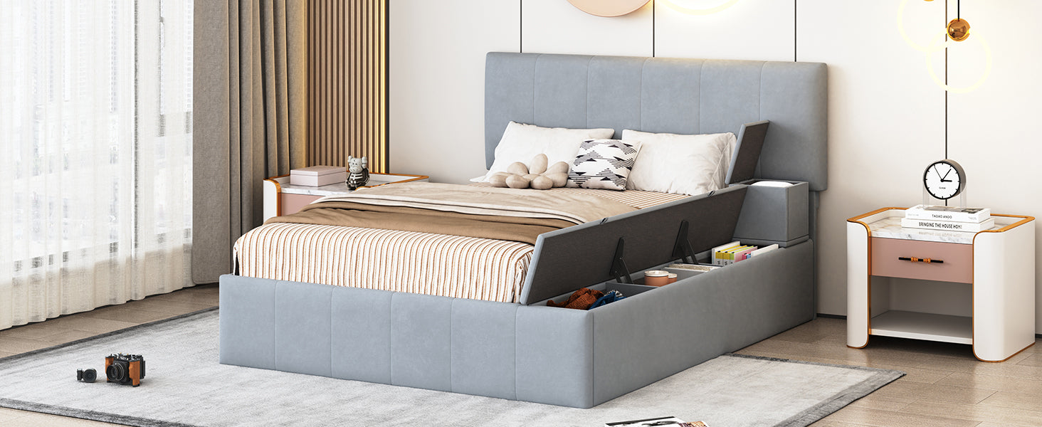 Full Size Upholstered Platform Bed With Lateral Storage Compartments And Thick Fabric, Velvet, Gray Gray Velvet