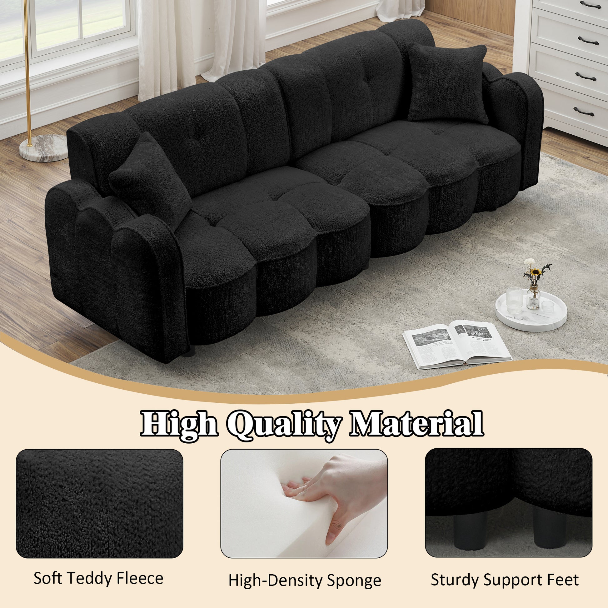 96.06 Inch Large Teddy Plush Sofa For Living Room And Entertainment Space. Black Brown Velvet Wood Primary Living Space Loose Back Medium Soft Contemporary Eucalyptus Square Arms Foam Foam 3 Seat