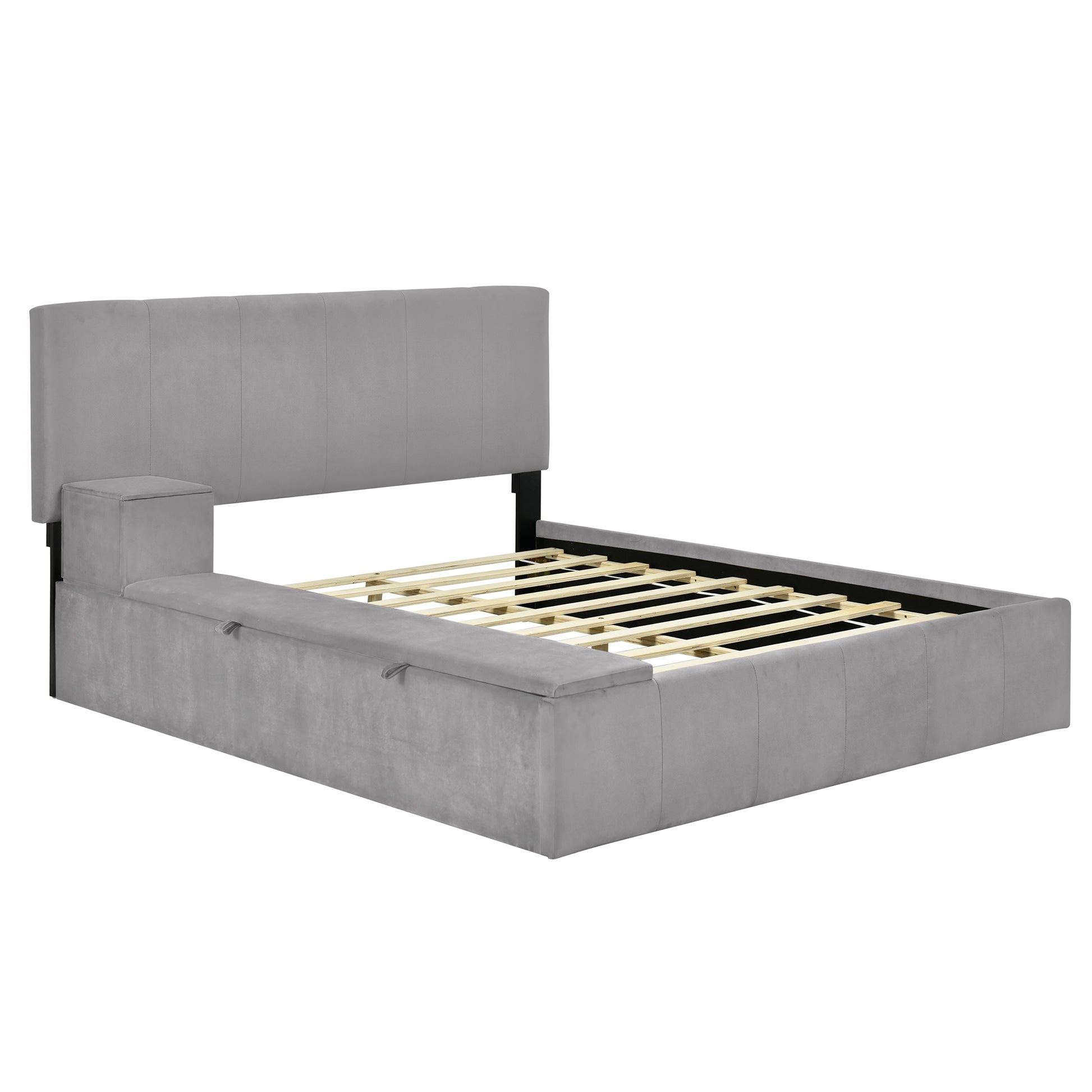 Full Size Upholstered Platform Bed With Lateral Storage Compartments And Thick Fabric, Velvet, Gray Gray Velvet