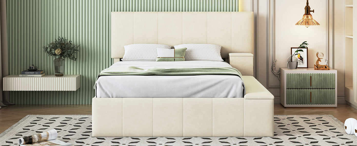 Full Size Upholstered Platform Bed With Lateral Storage Compartments And Thick Fabric, Velvet, Beige Beige Velvet