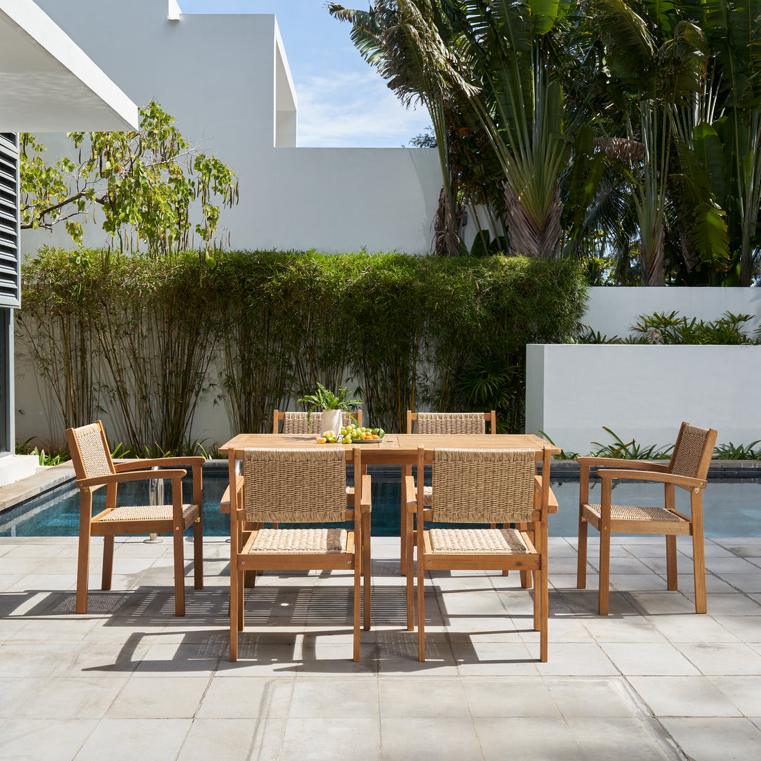 Mauricio 7 Piece Acacia Wood Dining Set With Stacking Chair Natural & Light Brown Acacia Wood