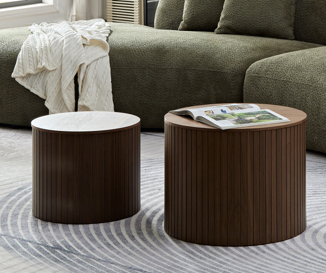 Mdf Nested Table Set 2 Pieces, Handcrafted Round Coffee Table In Living Lounge Area, Walnut Color Walnut Round Round Mdf