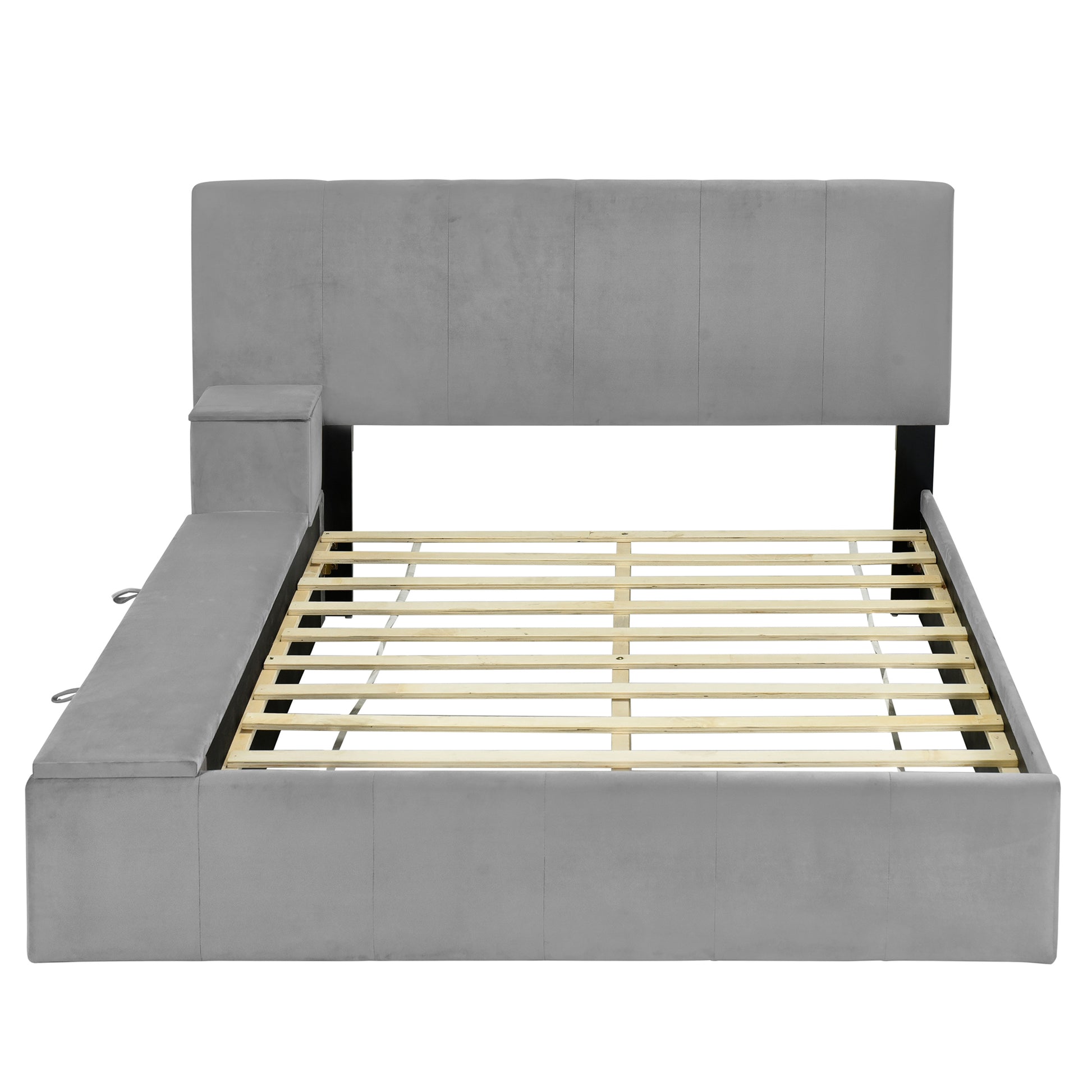 Full Size Upholstered Platform Bed With Lateral Storage Compartments And Thick Fabric, Velvet, Gray Gray Velvet