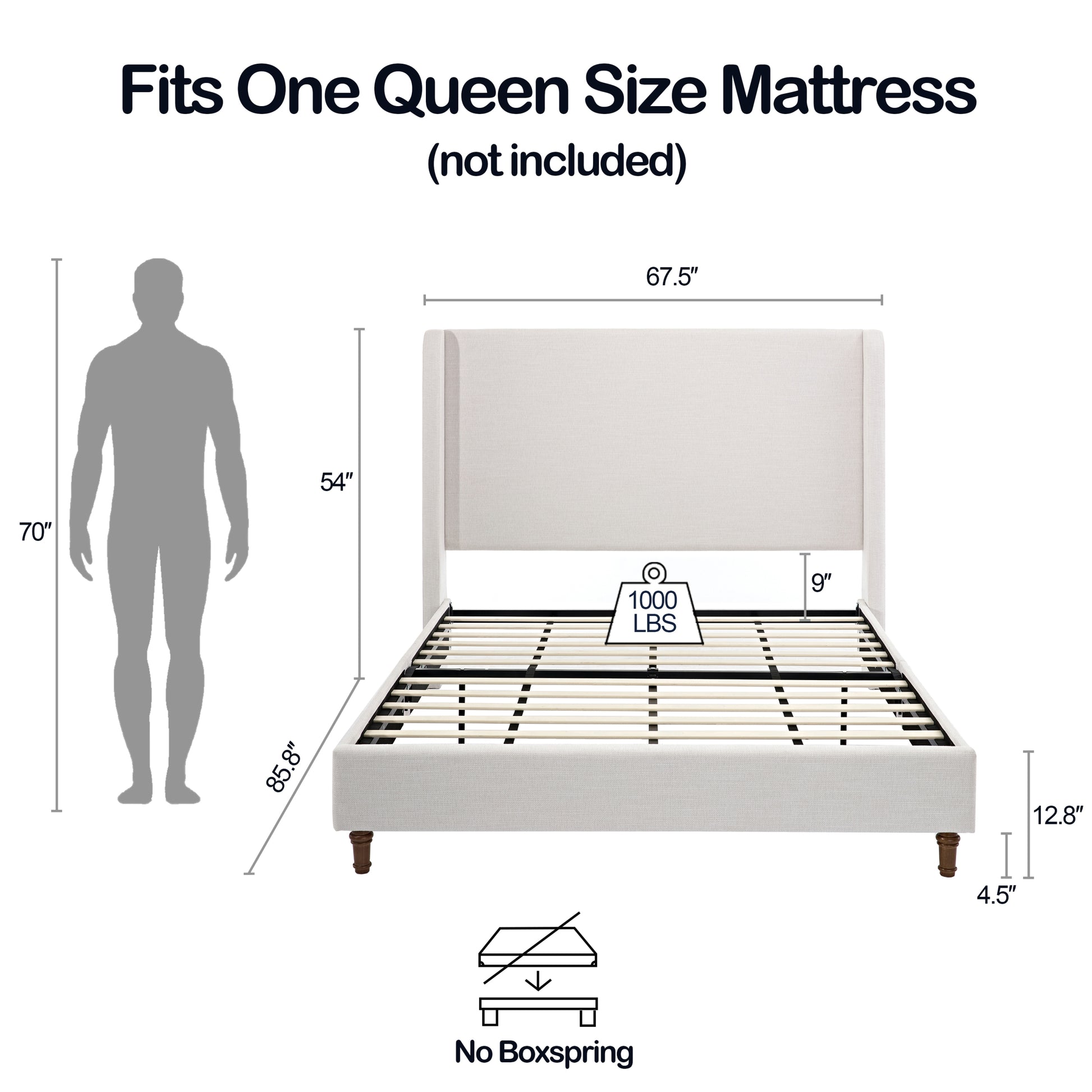 Harper Tall Headboard Upholstered Bed 54" High Headboard Elegant Simplicity No Box Spring Needed Easy Assembly Queen Textured Ivory Canvas Box Spring Not Required Queen Ivory Metal Brown Bedroom Contemporary Oak Bed Frame Foam Chenille Fabric Metal