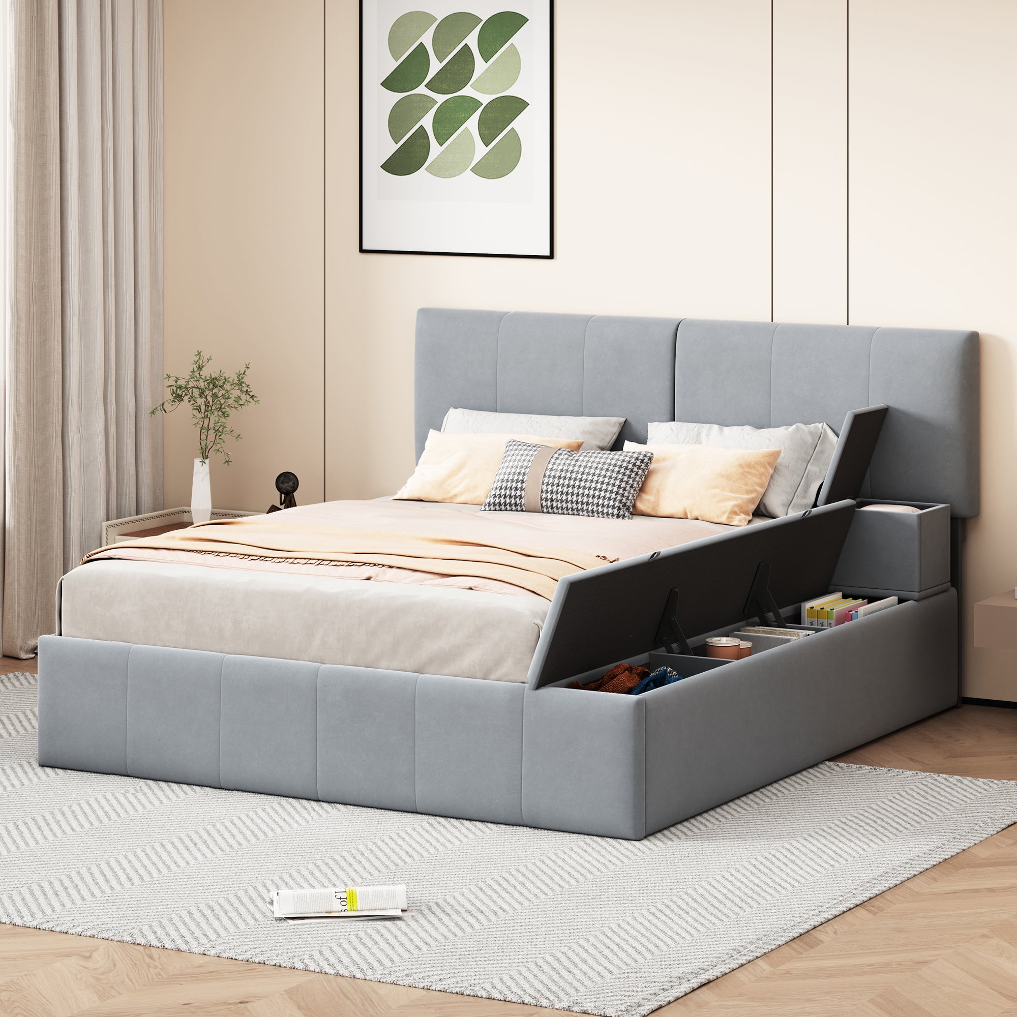 Queen Size Upholstered Platform Bed With Lateral Storage Compartments And Thick Fabric, Velvet, Gray Gray Velvet