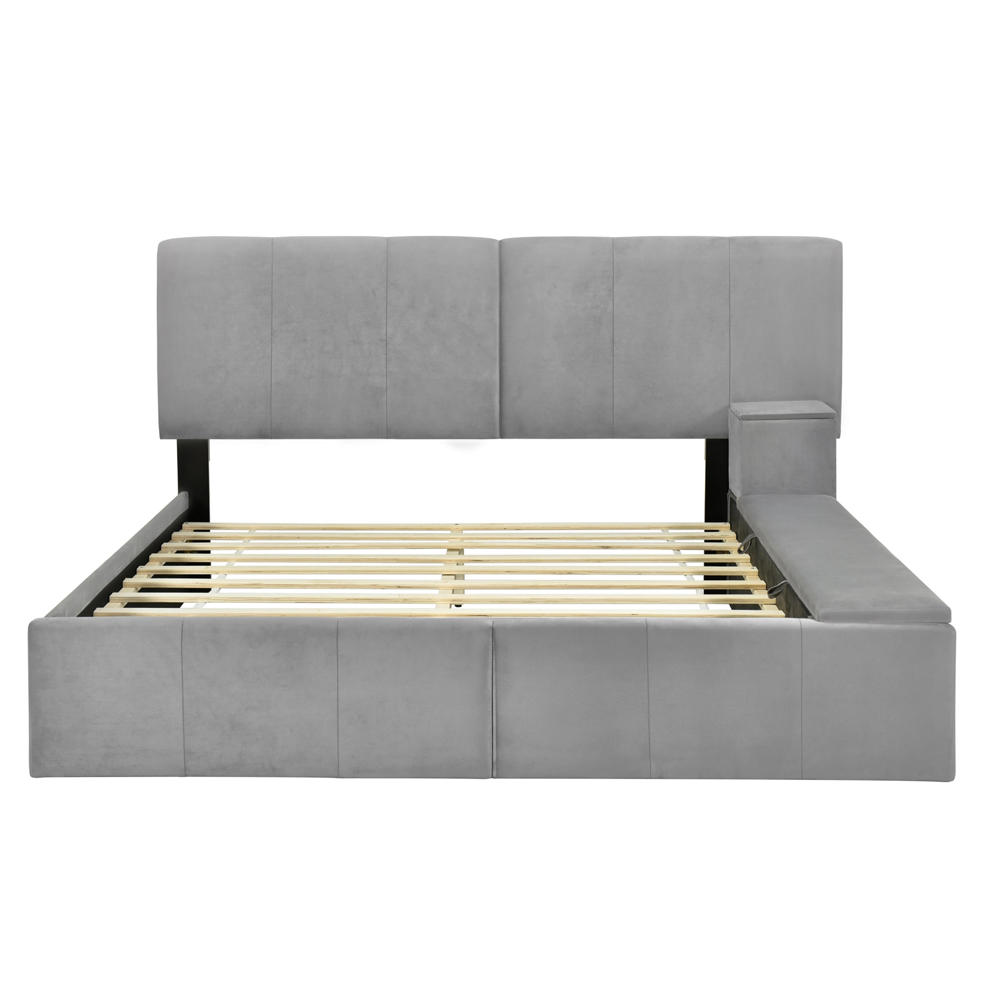 Queen Size Upholstered Platform Bed With Lateral Storage Compartments And Thick Fabric, Velvet, Gray Gray Velvet