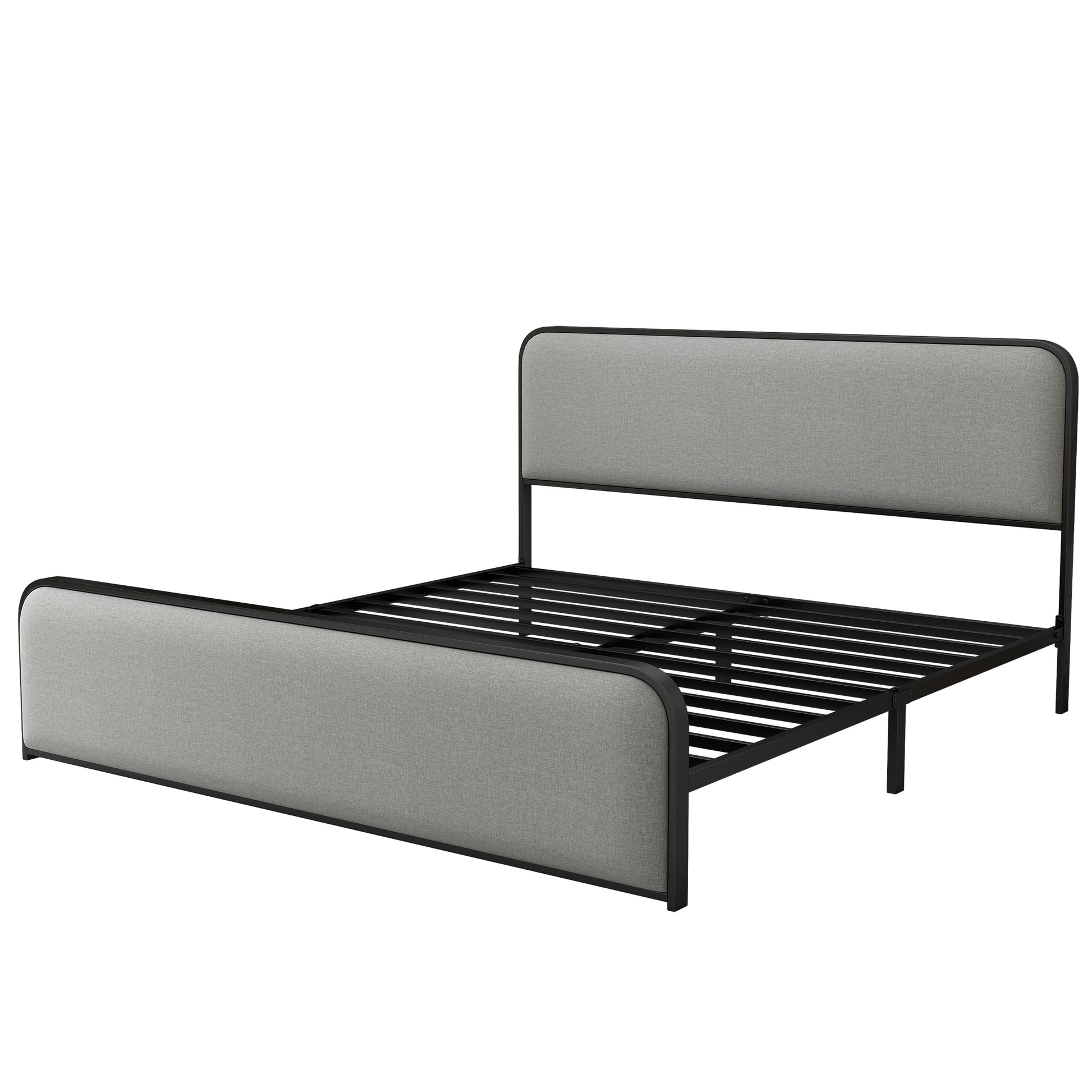 Modern Metal Bed Frame With Curved Upholstered Headboard And Footboard Bed With Under Bed Storage, Heavy Duty Metal Slats, King Size, Grey Grey Metal Modern Metal