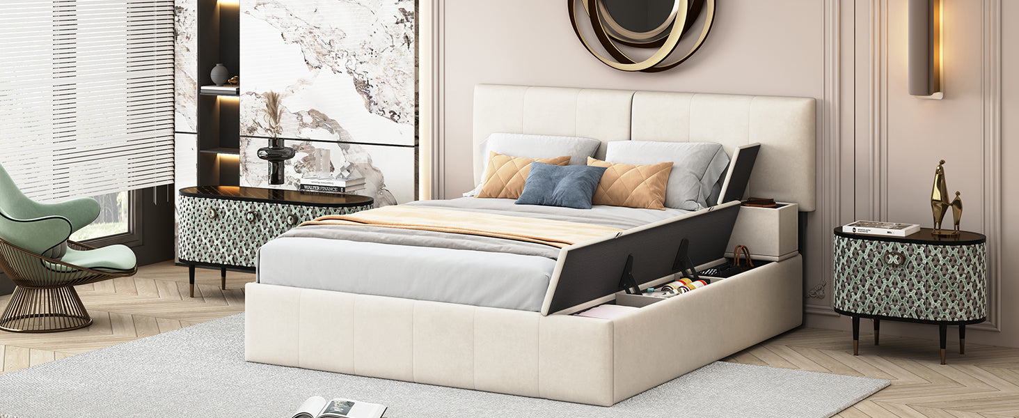 Queen Size Upholstered Platform Bed With Lateral Storage Compartments And Thick Fabric, Velvet, Beige Beige Velvet