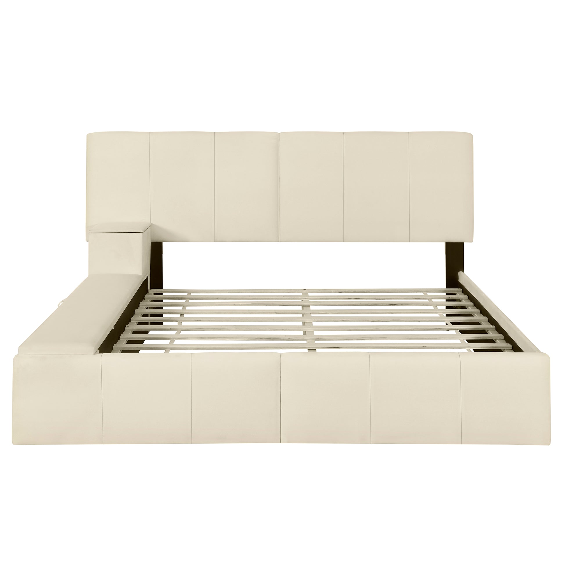 Queen Size Upholstered Platform Bed With Lateral Storage Compartments And Thick Fabric, Velvet, Beige Beige Velvet