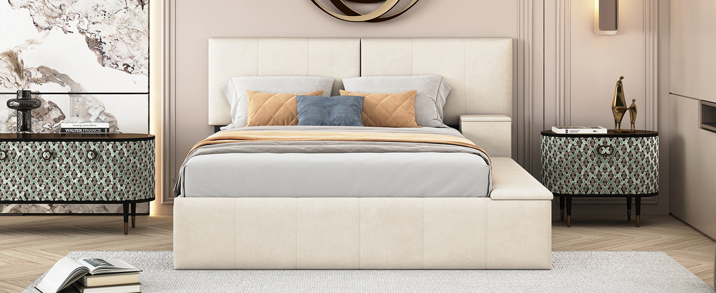 Queen Size Upholstered Platform Bed With Lateral Storage Compartments And Thick Fabric, Velvet, Beige Beige Velvet