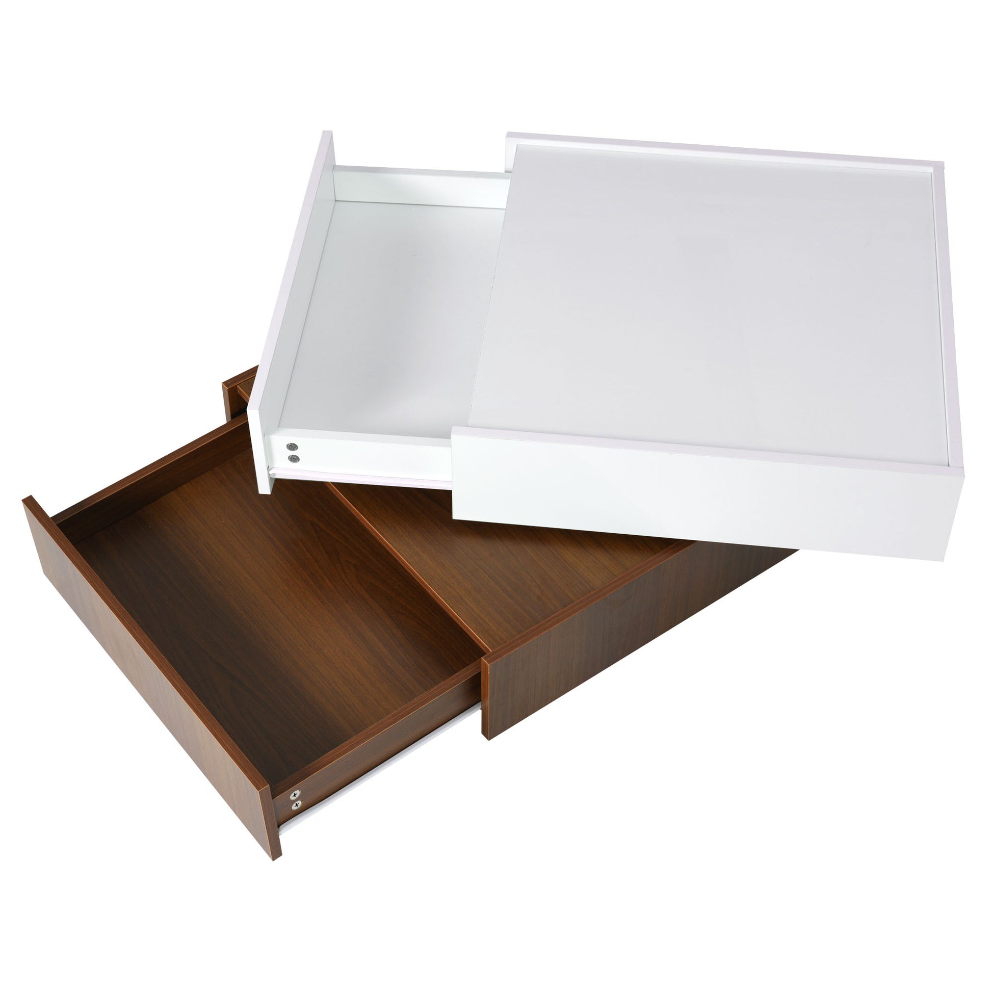 Square 360 Rotating Coffee Table With 2 Drawers, High Gloss 2 Tier Center Table With Swivel Tabletop And Storage, Walnut Table Frame Side Table For Living Room, White White Walnut Primary Living Space Glossy Square Particle Board