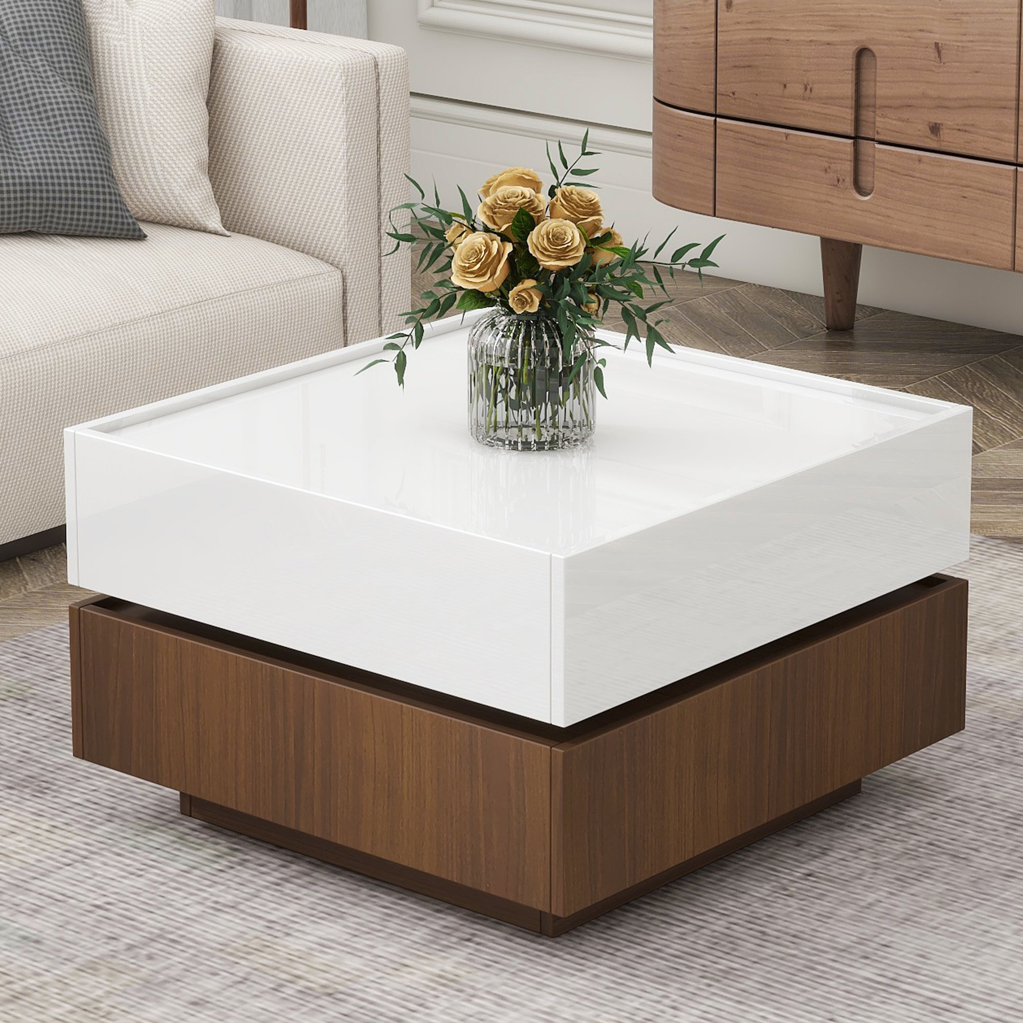 Square 360 Rotating Coffee Table With 2 Drawers, High Gloss 2 Tier Center Table With Swivel Tabletop And Storage, Walnut Table Frame Side Table For Living Room, White White Walnut Primary Living Space Glossy Square Particle Board