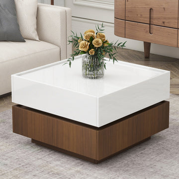 Square 360 Rotating Coffee Table With 2 Drawers, High Gloss 2 Tier Center Table With Swivel Tabletop And Storage, Walnut Table Frame Side Table For Living Room, White White Walnut Primary Living Space Glossy Square Particle Board