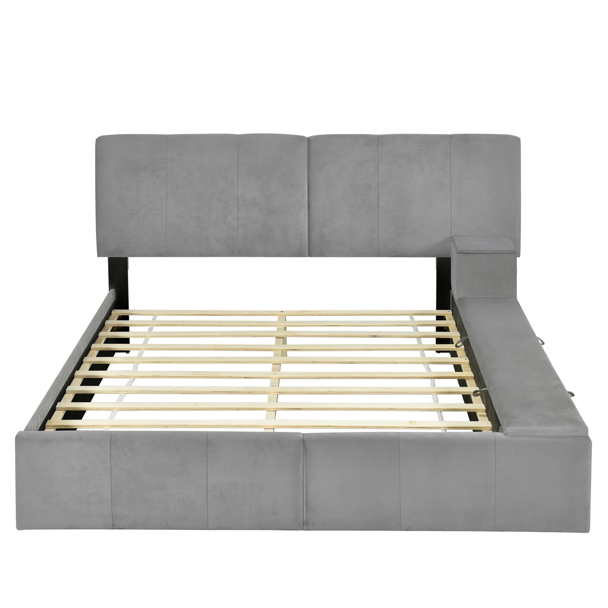 Queen Size Upholstered Platform Bed With Lateral Storage Compartments And Thick Fabric, Velvet, Gray Gray Velvet