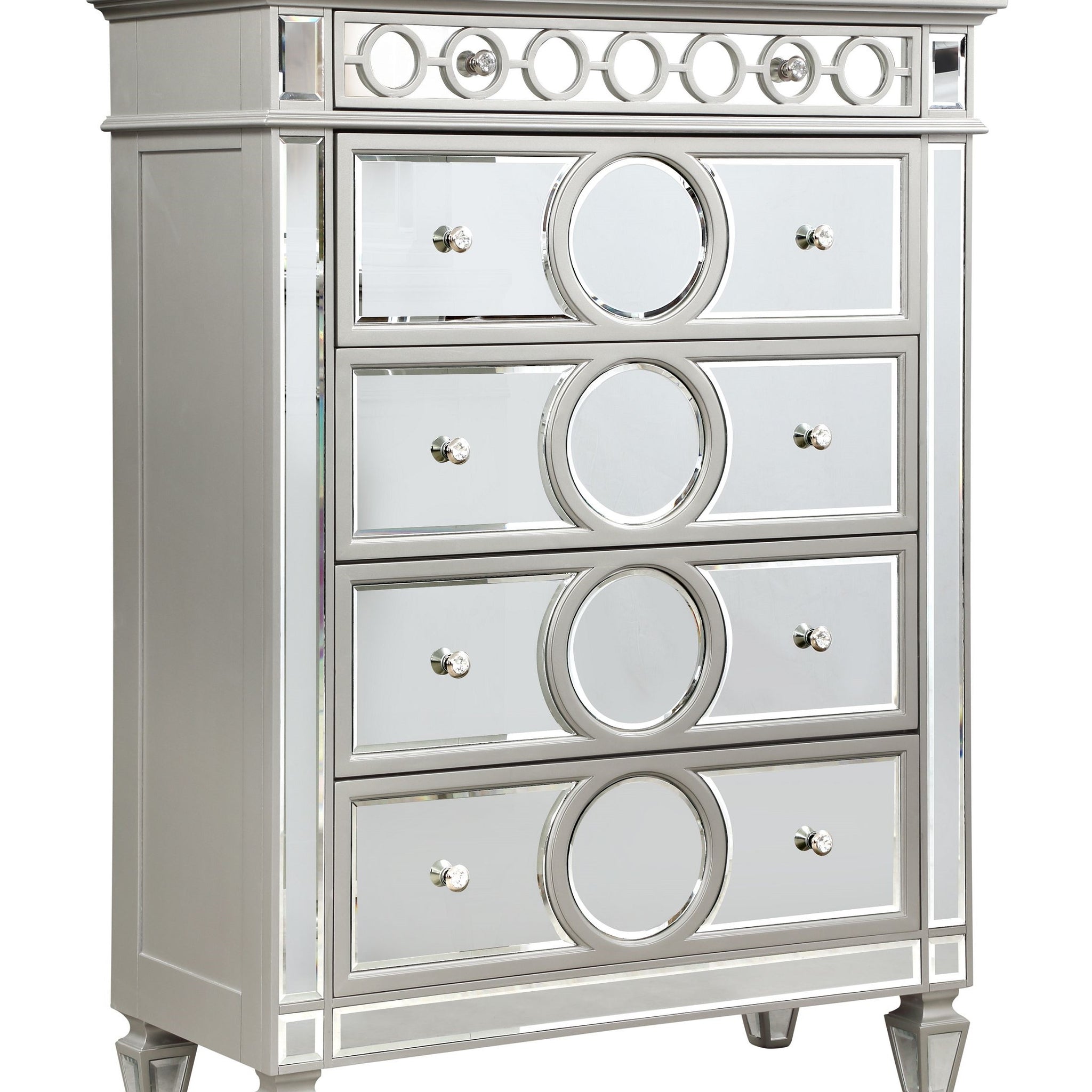 Symphony Modern Style Mirror Front 5 Drawer Chest With Diamond Shaped Legs And Made With Wood In Silver Silver Drawer 5 Drawers & Above Bedroom Ball Bearing Glides Modern Mirrored Finish Silver Solid Wood Mdf Wood
