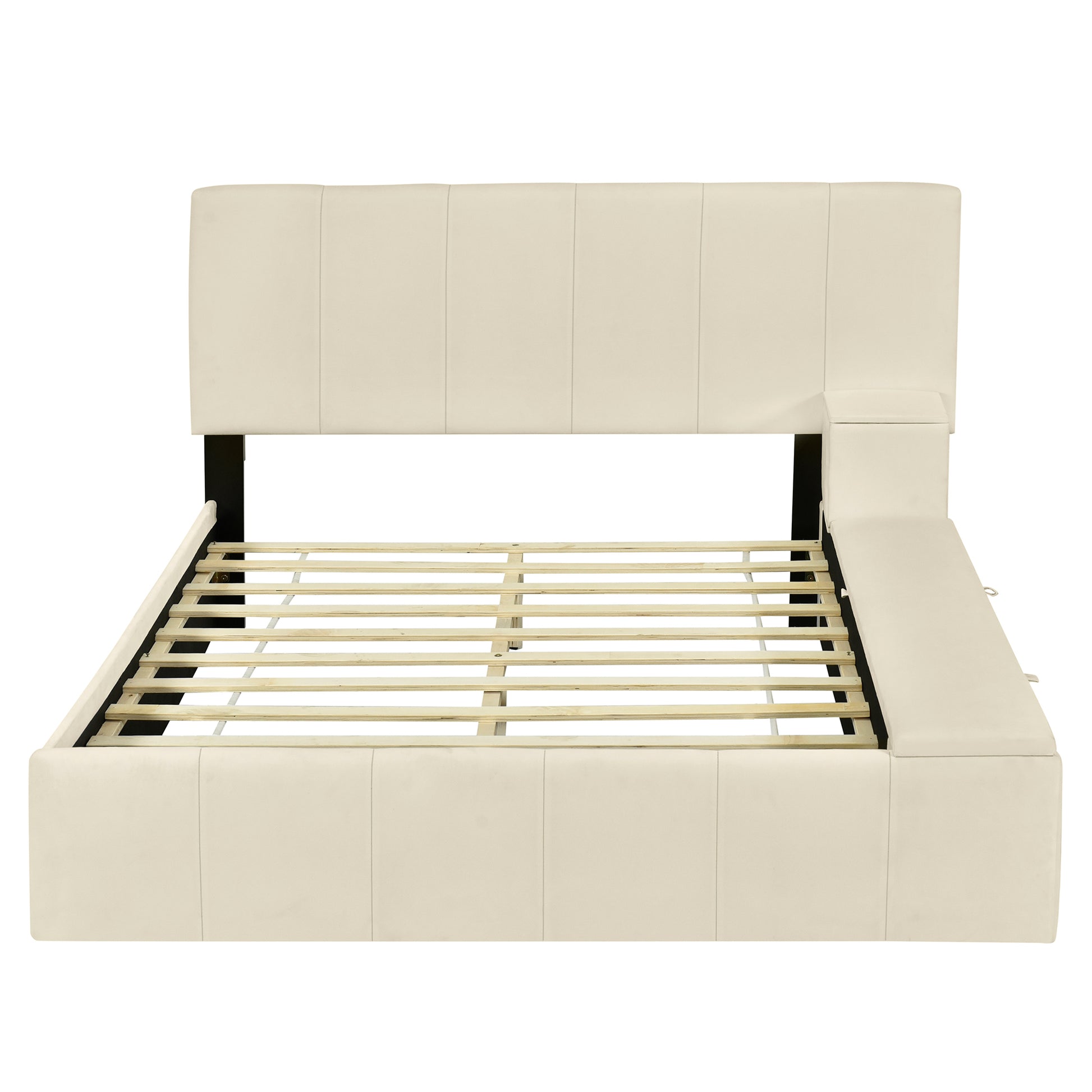 Full Size Upholstered Platform Bed With Lateral Storage Compartments And Thick Fabric, Velvet, Beige Beige Velvet