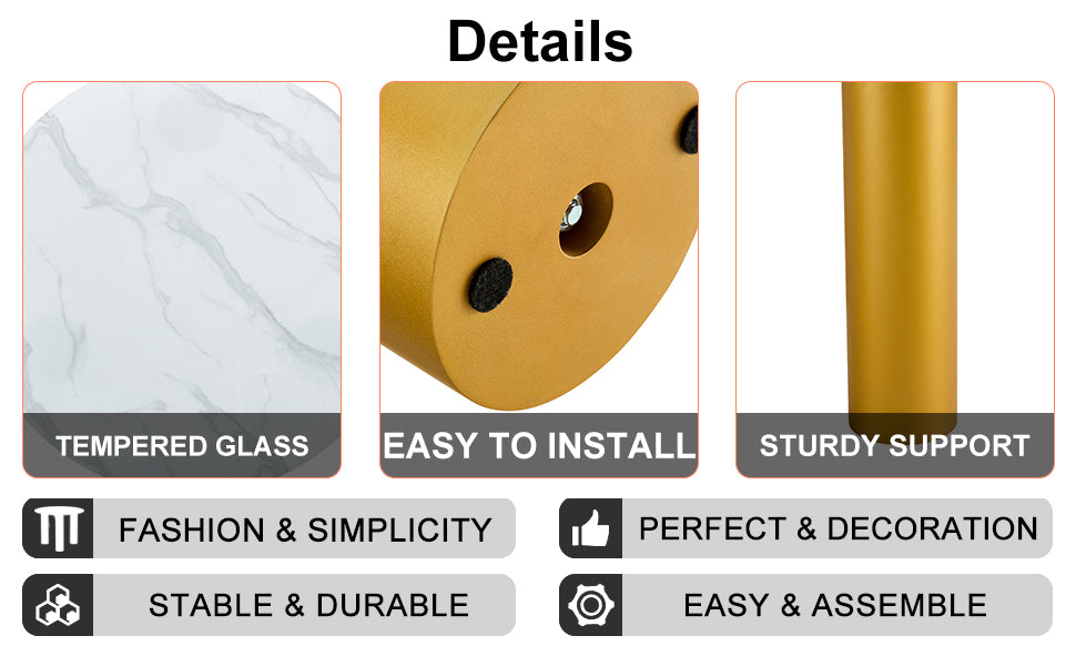 Round White Dining Table, Artificial Marble Glass Stickers, Golden Mdf Legs, Kitchen Dining Table, Living Room Dining Table 40 "* 40" * 29.4 "F X03 White Mdf