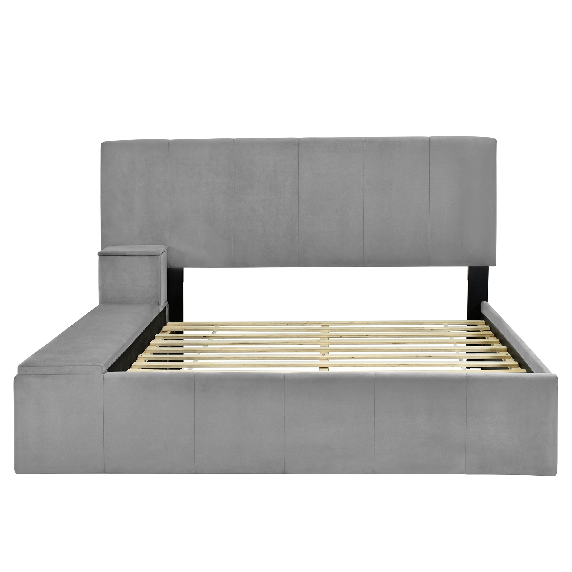 Full Size Upholstered Platform Bed With Lateral Storage Compartments And Thick Fabric, Velvet, Gray Gray Velvet