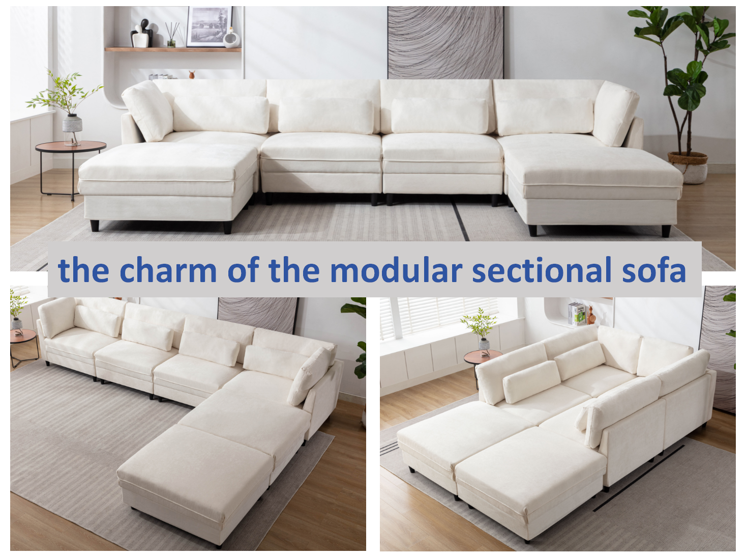 Oversized Modular Sectional Fabric Sofa Set With Waist Pillows, Extra Large U Shaped Couch With Reversible Chaise, 145 Inch Long, 6 Seat Modular Sofa With Ottamans Beige Light Brown Polyester Wood Primary Living Space Medium Soft Cushion Back Modern