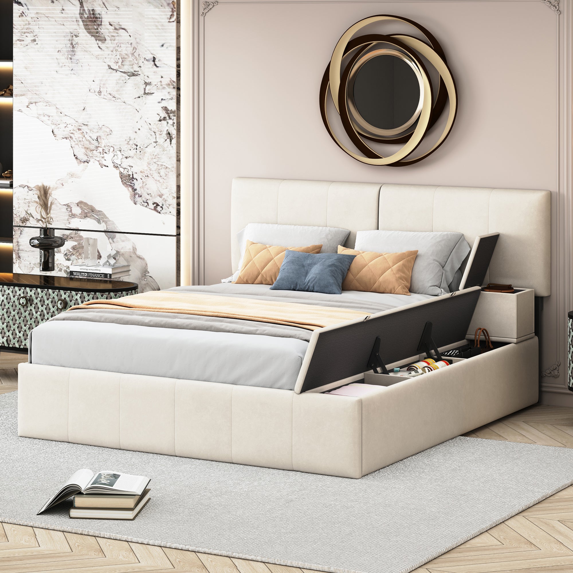 Queen Size Upholstered Platform Bed With Lateral Storage Compartments And Thick Fabric, Velvet, Beige Beige Velvet