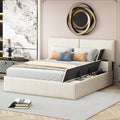 Queen Size Upholstered Platform Bed With Lateral Storage Compartments And Thick Fabric, Velvet, Beige Beige Velvet