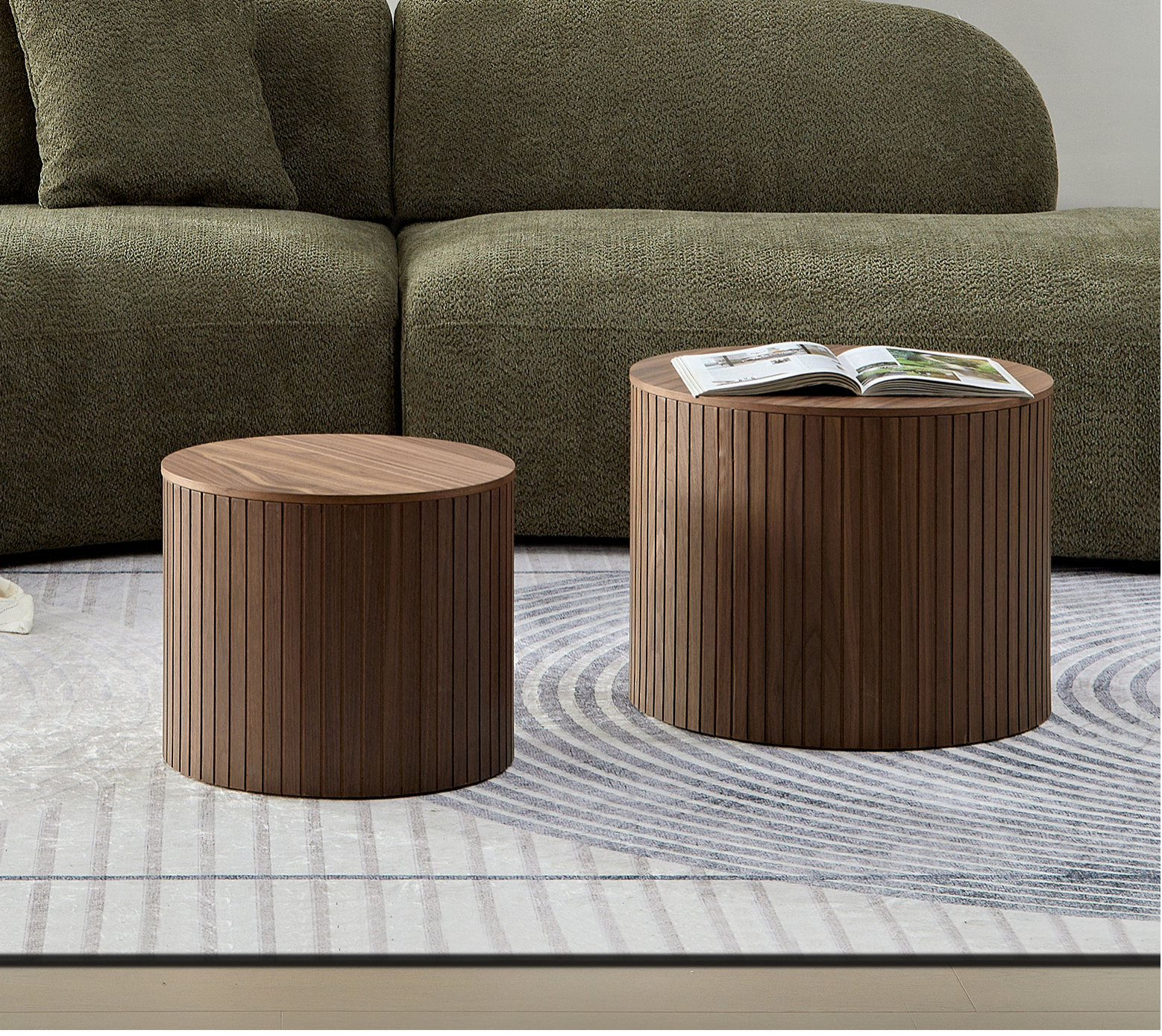 Mdf Nested Table Set 2 Pieces, Handcrafted Round Coffee Table In Living Lounge Area, Walnut Color Walnut Round Round Mdf