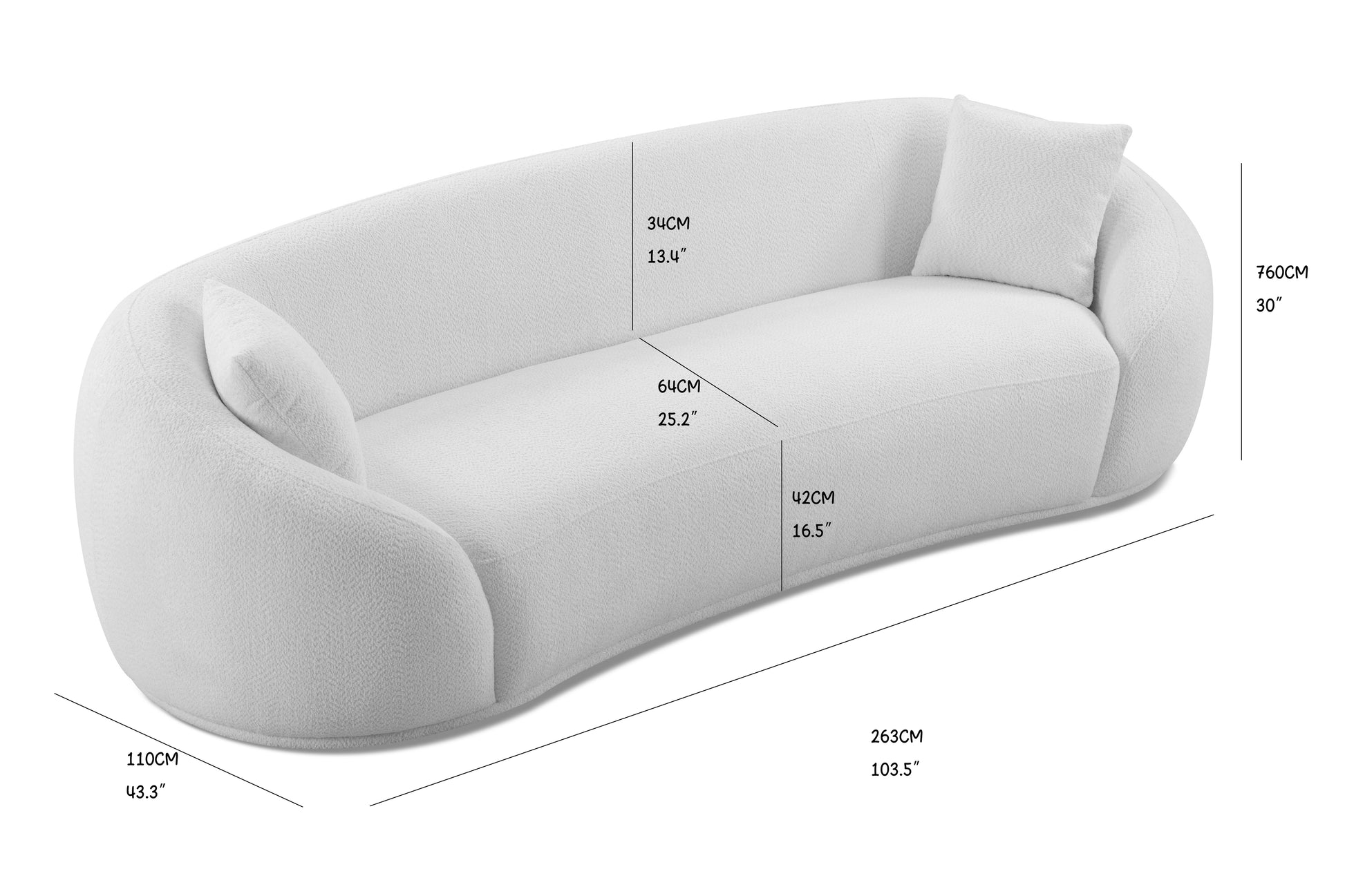 3 Person Sofa Modern Combination Half Moon Casual Teddy Bear Wool Sofa Curved Sofa, Snow White White Primary Living Space Medium Soft Delicate Duty Fabric 3 Seat