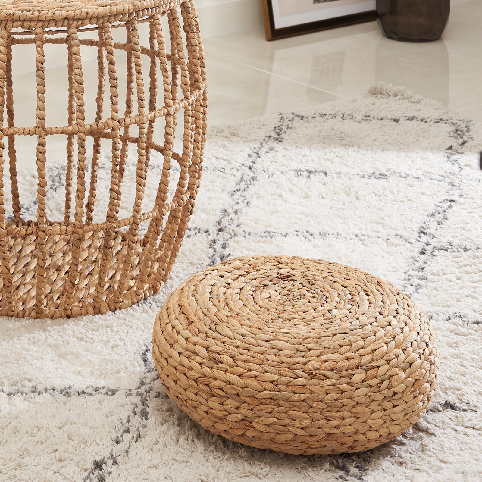 Ludmila Water Hyacinth Woven Tatami Floor Cushion For Zen, Meditation, Yoga And Home Decoration 16" X 16" X 6" Natural Brown Light Brown Wicker Water Hyacinth
