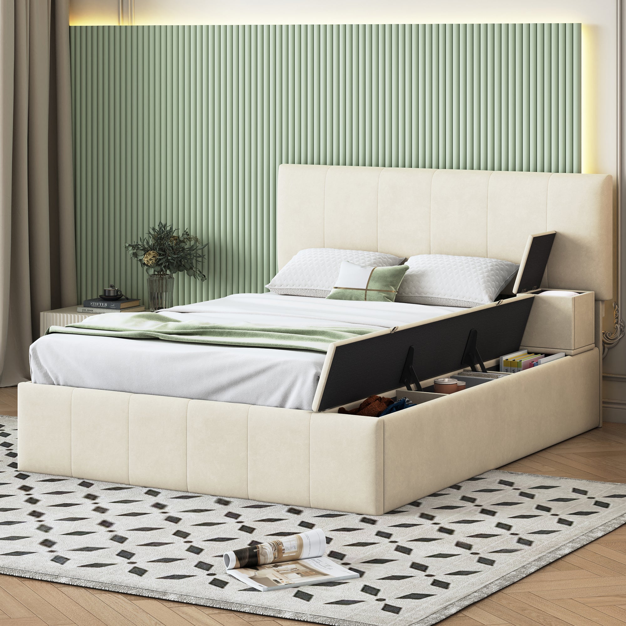 Full Size Upholstered Platform Bed With Lateral Storage Compartments And Thick Fabric, Velvet, Beige Beige Velvet