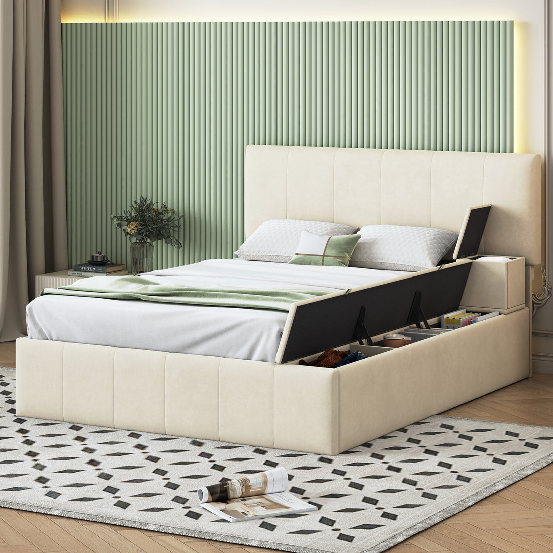 Full Size Upholstered Platform Bed With Lateral Storage Compartments And Thick Fabric, Velvet, Beige Beige Velvet