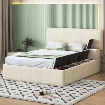 Full Size Upholstered Platform Bed With Lateral Storage Compartments And Thick Fabric, Velvet, Beige Beige Velvet
