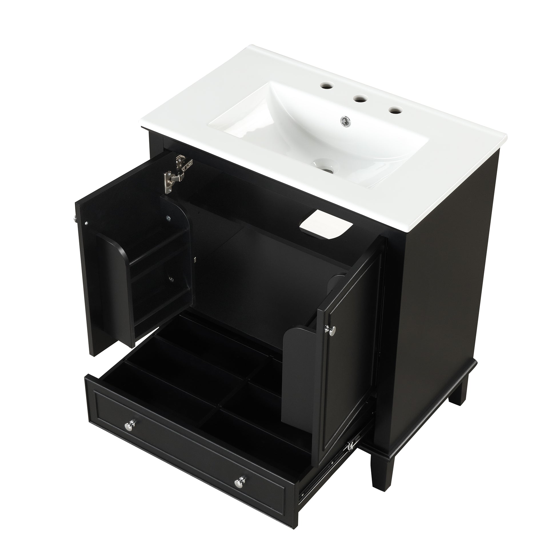 30" Bathroom Vanity With Sink Combo, Multi Functional Bathroom Cabinet With Doors And Drawer, Solid Wood And Mdf Board, Black Black Solid Wood Mdf