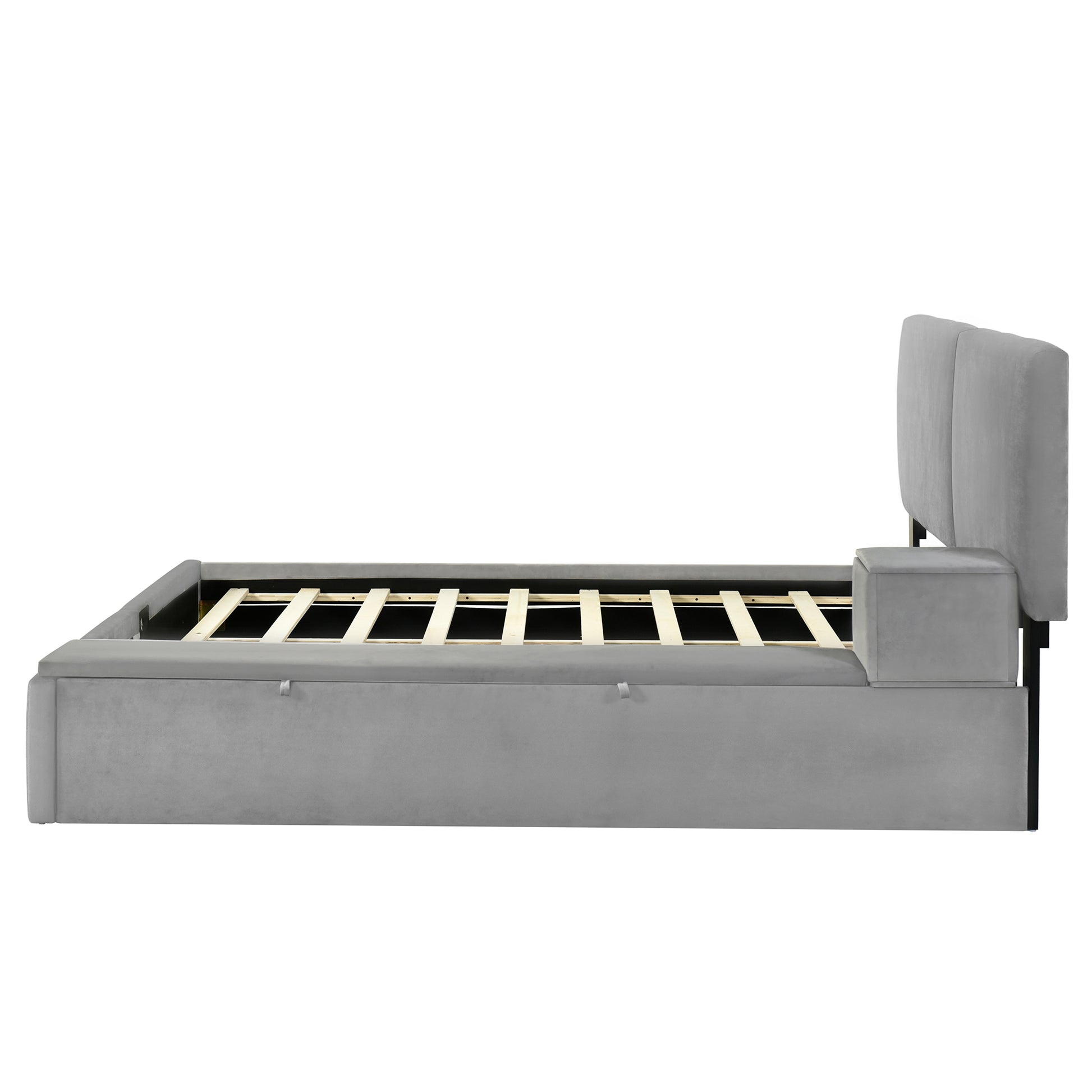 Queen Size Upholstered Platform Bed With Lateral Storage Compartments And Thick Fabric, Velvet, Gray Gray Velvet