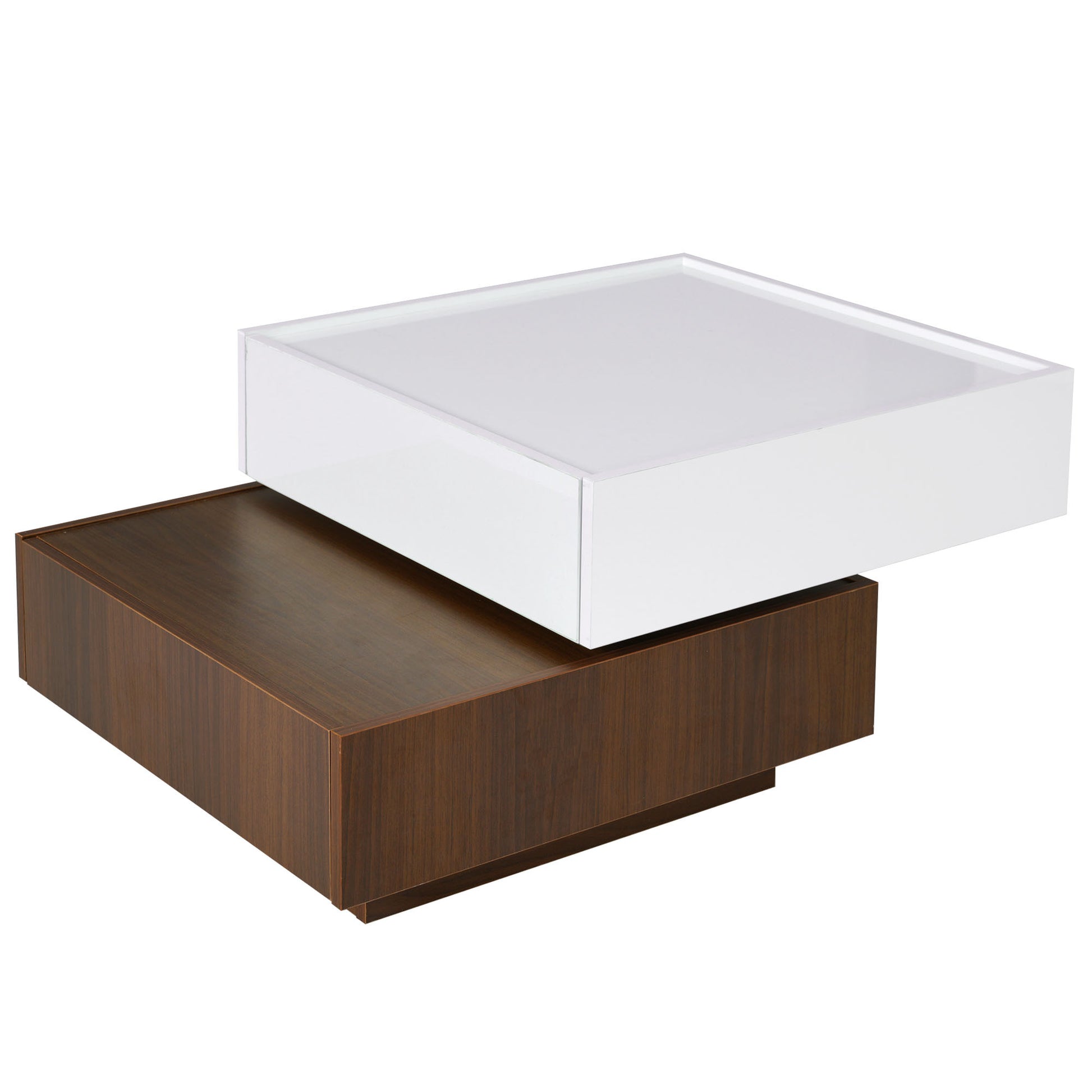 Square 360 Rotating Coffee Table With 2 Drawers, High Gloss 2 Tier Center Table With Swivel Tabletop And Storage, Walnut Table Frame Side Table For Living Room, White White Walnut Primary Living Space Glossy Square Particle Board