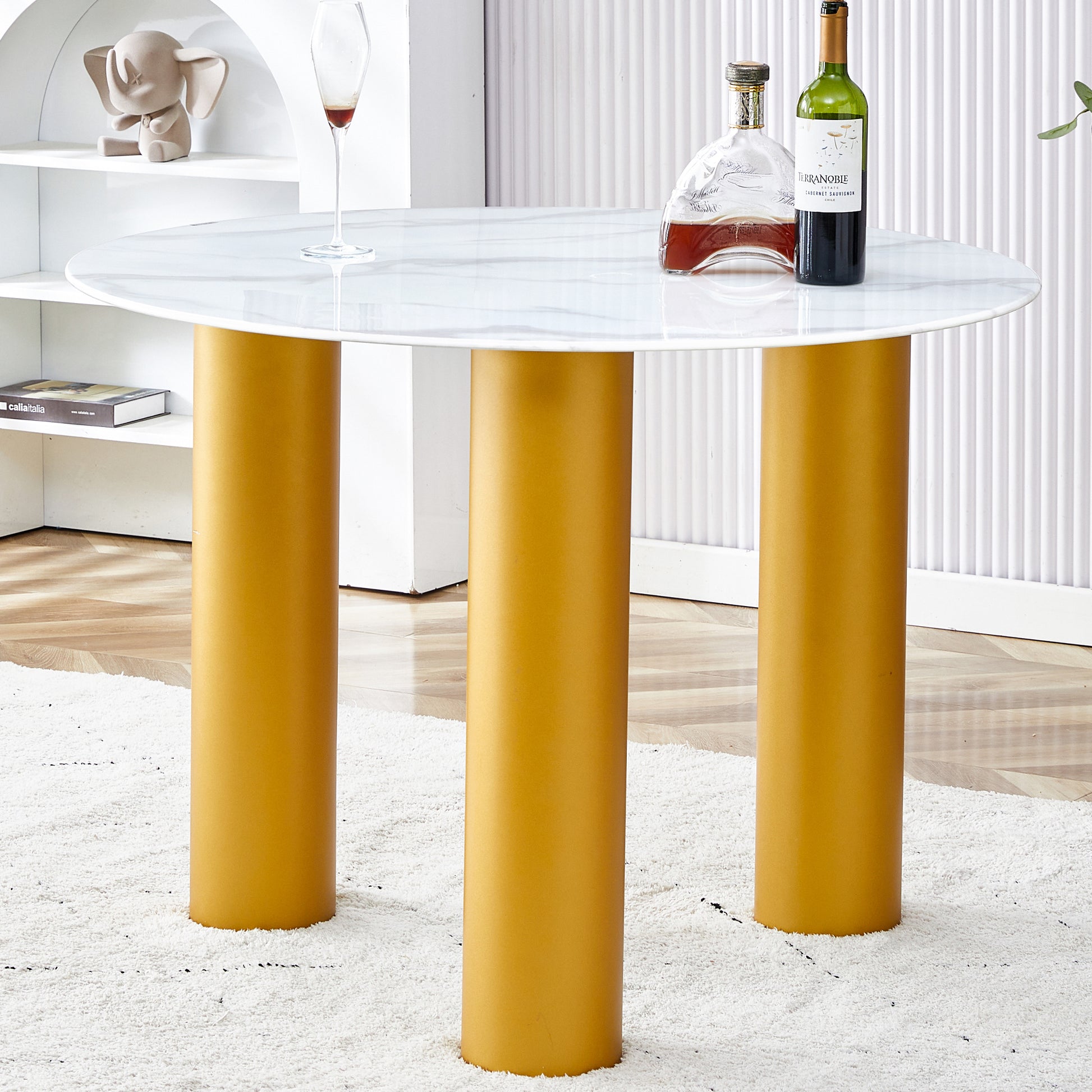 Round White Dining Table, Artificial Marble Glass Stickers, Golden Mdf Legs, Kitchen Dining Table, Living Room Dining Table 40 "* 40" * 29.4 "F X03 White Mdf