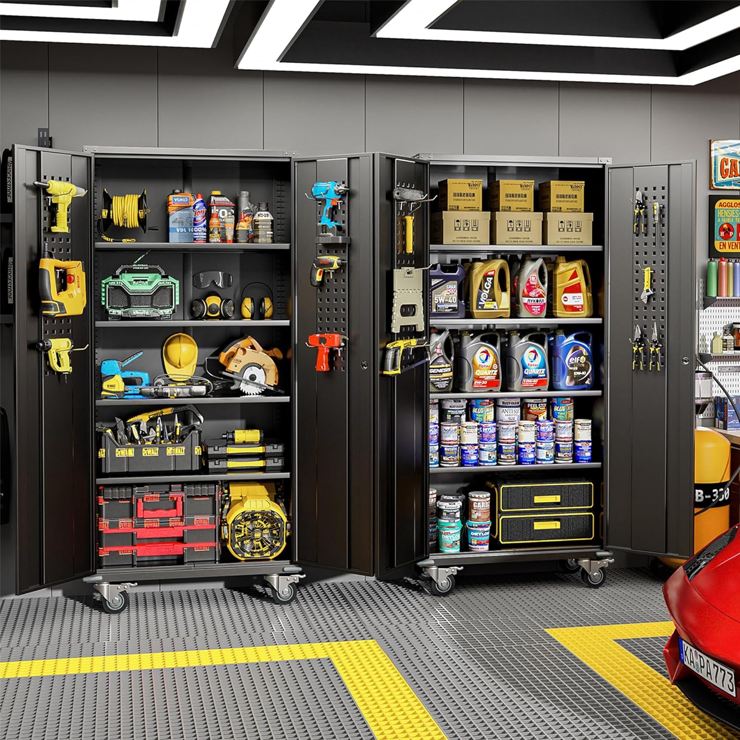 Veripco Garage Storage Cabinets With Locking Doors And 4 Adjustable Shelves, Metal Storage Cabinets With Wheels For Garage, Office, Kitchen, Laundry&Utility Room Filing Cabinets 3 4 Shelves Powder Coated Black Office Adjustable Shelves Metal