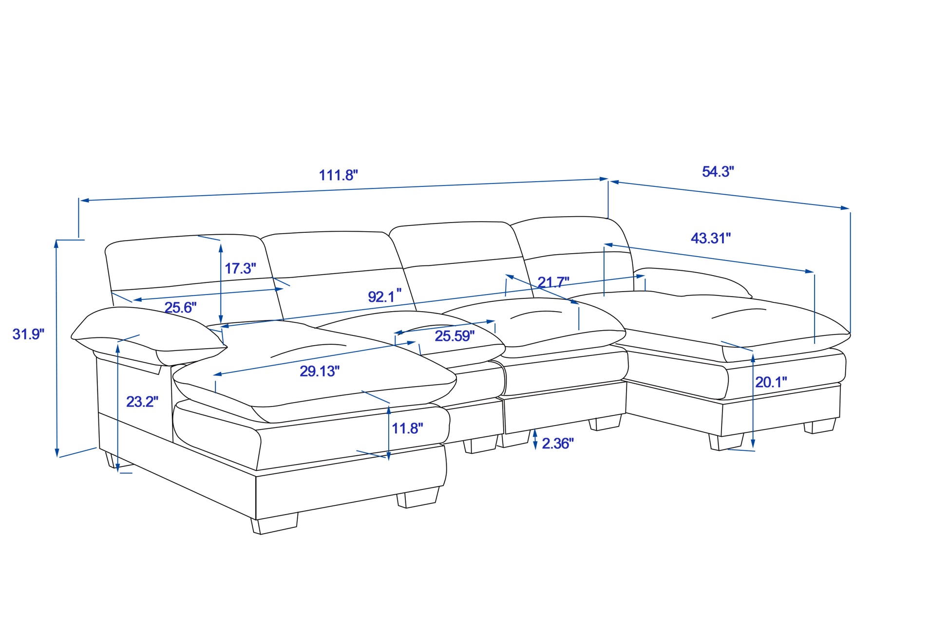U Shaped Profile Sofa, Including Two Single Seats And Two Chaise, Modular Sofa, Corduroy Sofa White Foam Corduroy 4 Seat