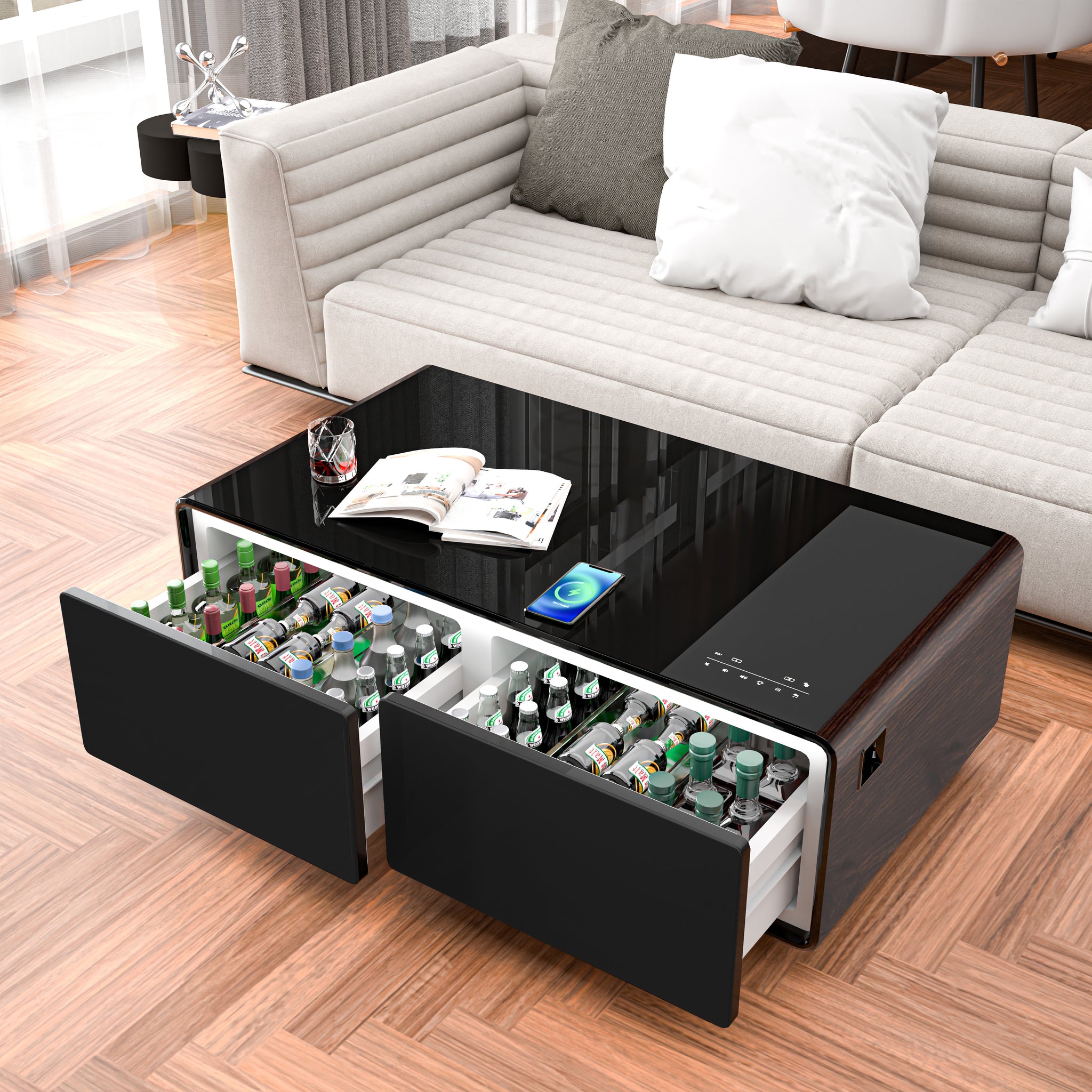 Modern Smart Coffee Table With Built In Fridge, Bluetooth Speaker, Wireless Charging Module, Touch Control Panel, Power Socket, Usb Interface, Outlet Protection, Atmosphere Light, And More, Brown Black Brown Built In Outlets Or Usb Primary Living Space