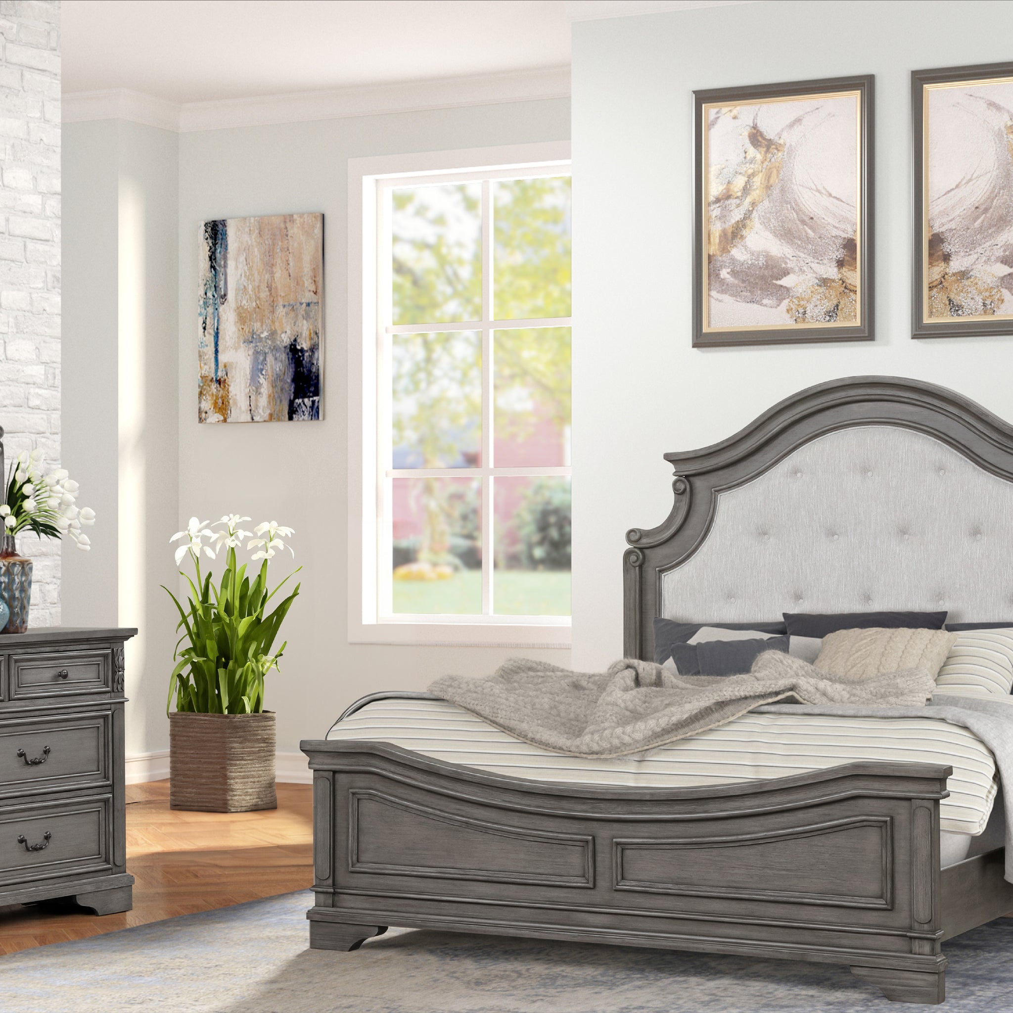 Grace Traditional Style King 4 Pc Bedroom Set Made With Wood In Rustic Gray Box Spring Required King Gray Wood 4 Piece Set Bedroom Bed Included,Dresser Included,Mirror Included,Nightstand Included Traditional Solid Wood Mdf Cotton Tufted Wood
