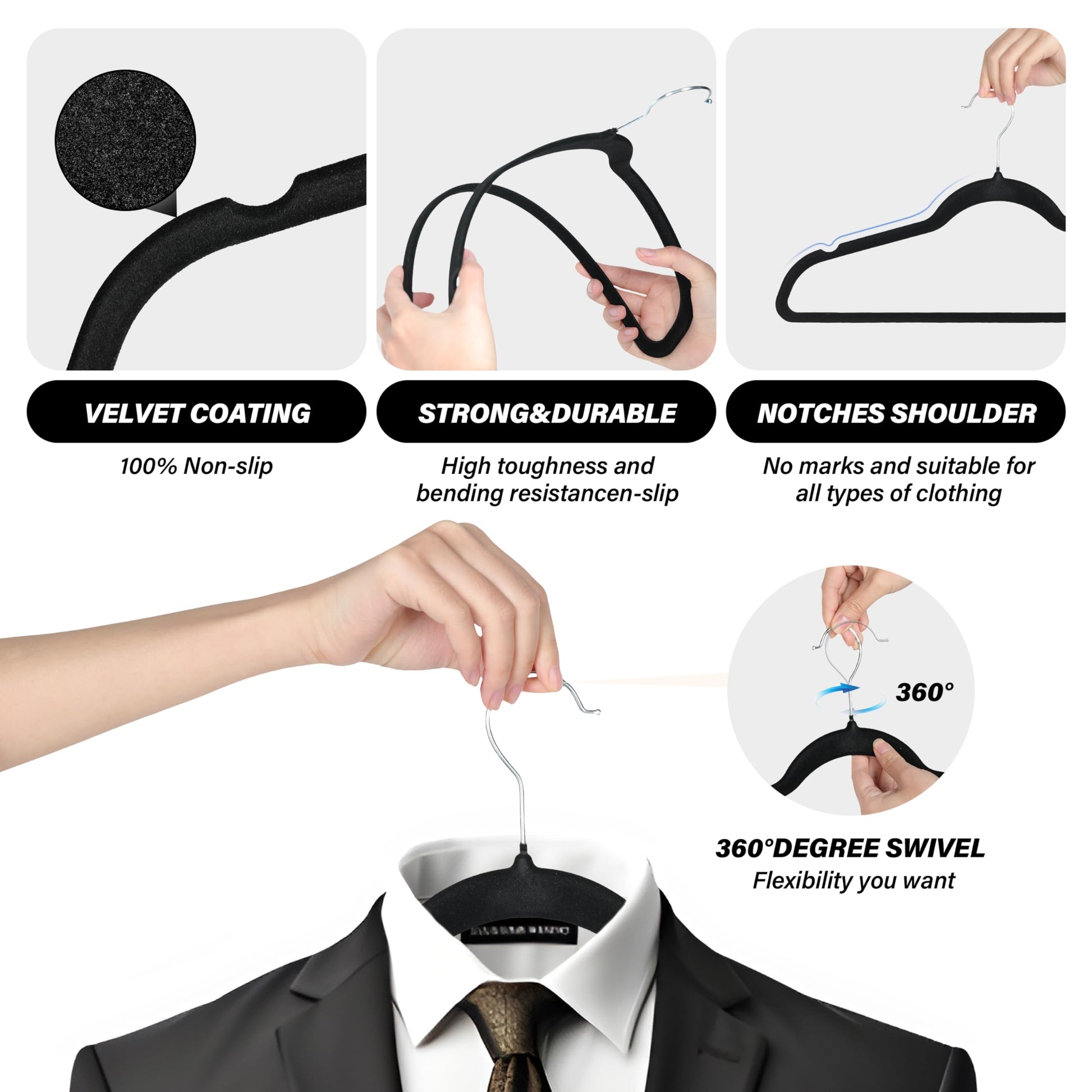 Velvet Hangers 70 Pack, Non Slip Clothes Hangers With Shoulder Notches, 360 Swivel Hooks, Heavy Duty Coat Suit Hangers For Closet Space Saving, Black Black Velvet