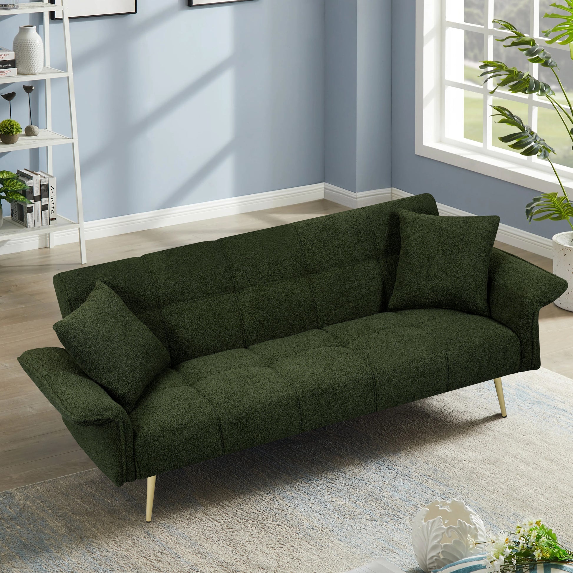 70.1 "Futon Sofa Bed, Convertible Double Sofa Bed With Folding Armrests For Living Rooms And Small Spaces Green Light Brown Velvet Wood Primary Living Space Medium Soft Loose Back Contemporary Eucalyptus Foam Foam 2 Seat