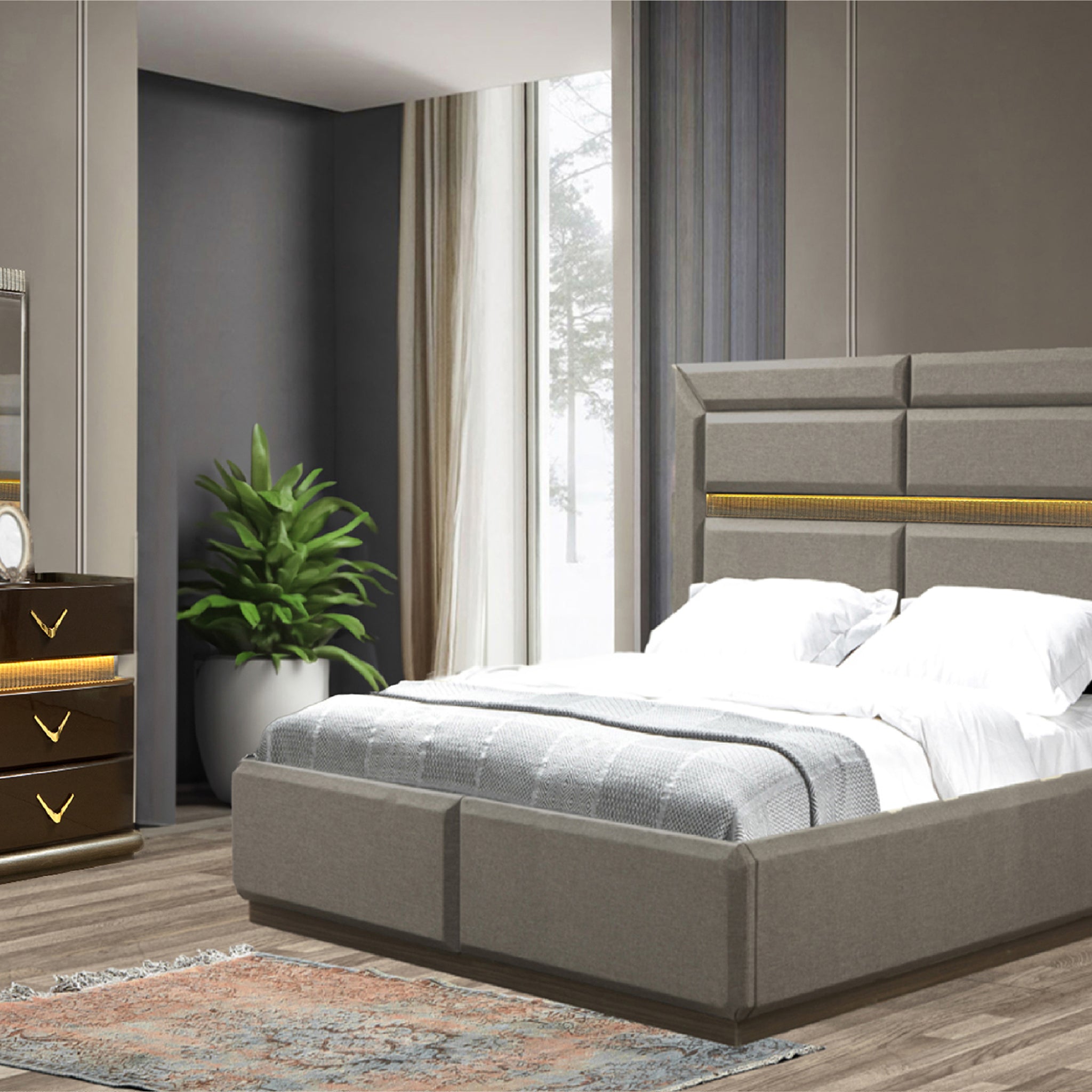 Dunhill Modern Style 4 Pc Queen Bedroom Set Made With Wood In Brown Box Spring Not Required Queen Brown Wood Brown 4 Piece Set Bedroom Bed Included,Dresser Included,Mirror Included,Nightstand Included Modern Solid Wood Mdf Built In Lighting Wood