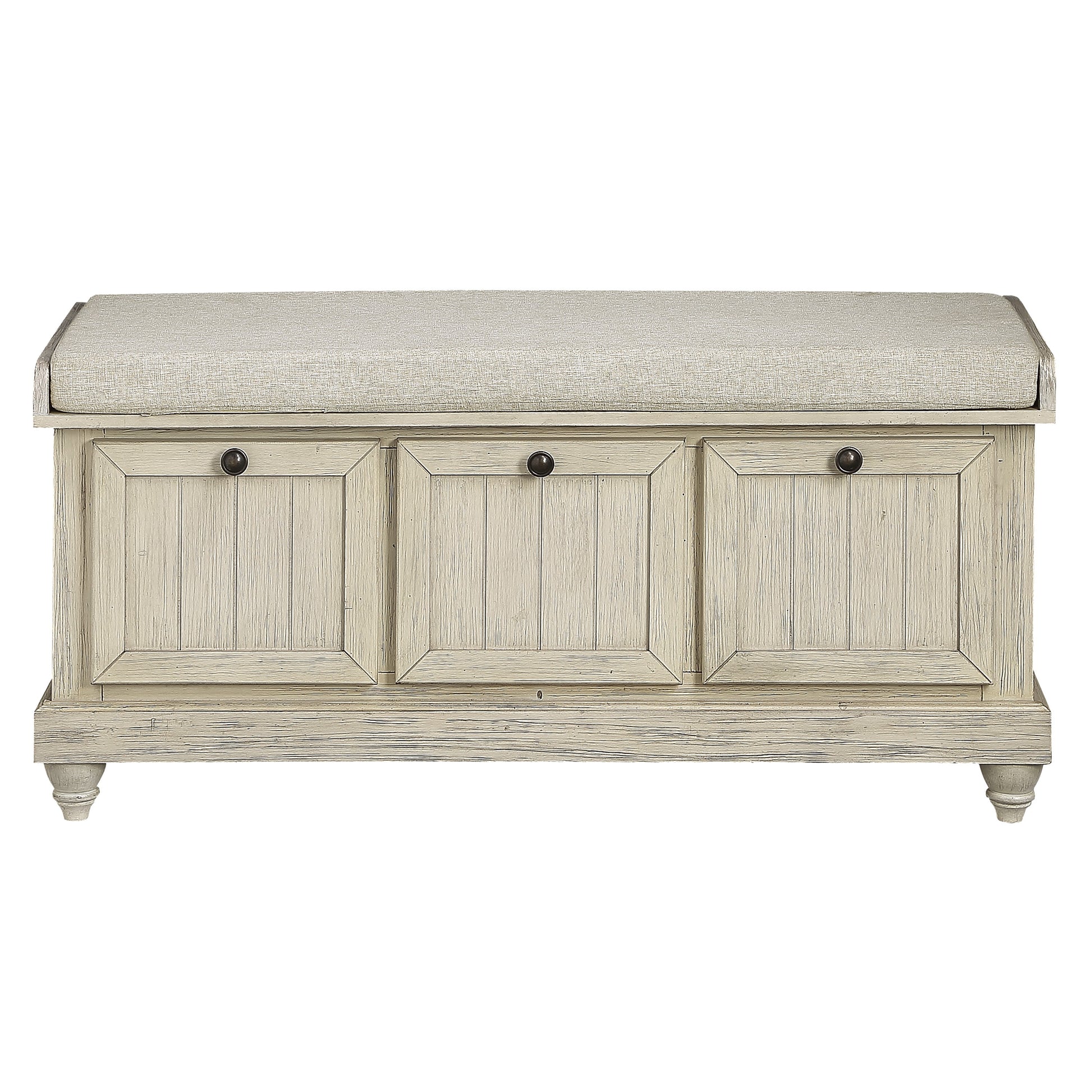 1Pc Durable Storage Bench White Finish Foam Cushioned Seat Beige Upholstery Flip Top Seat Solid Wood Home Furniture Distressed Finish White Polyester Primary Living Space Beige Flip Top Solid Wood